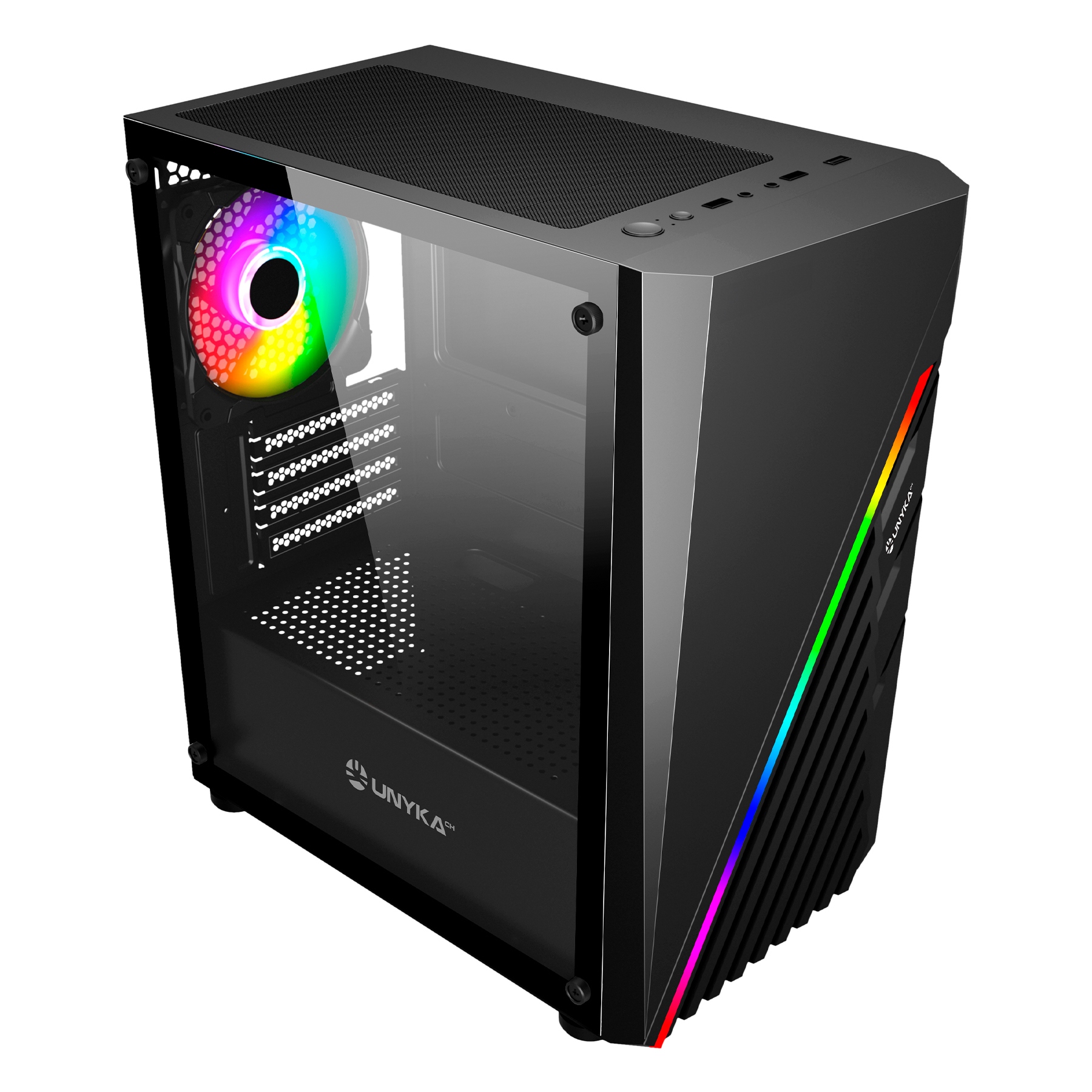 Case per computer nero con pannello laterale in vetro, illuminazione RGB e ventola arcobaleno.