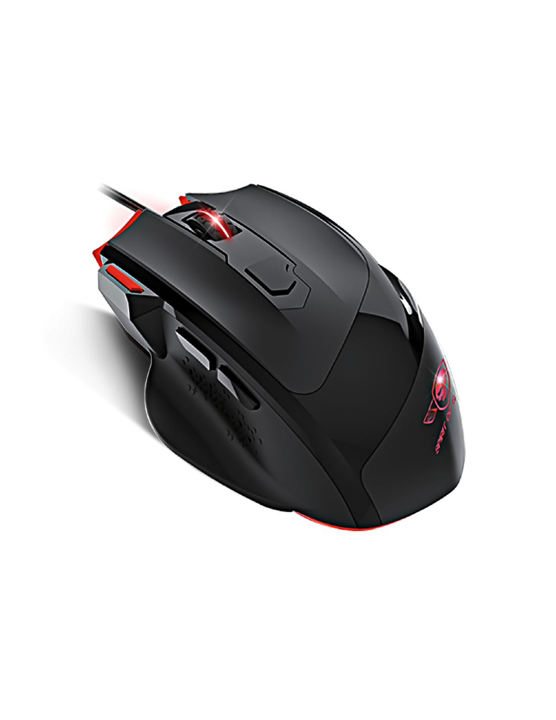 Czarna mysz gamingowa z czerwonymi akcentami i oświetleniem. Widok z góry, pod kątem.