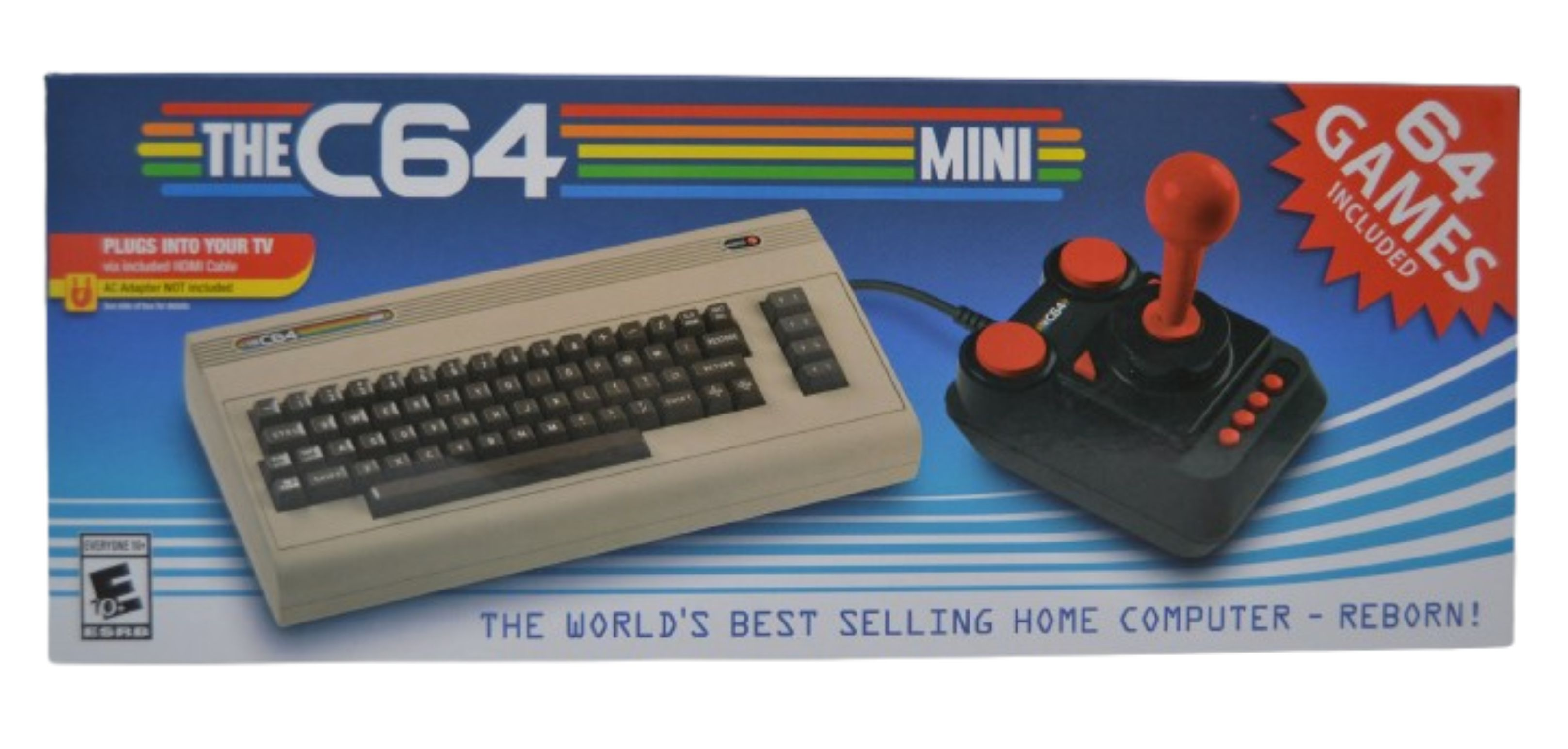 Pudełko The C64 Mini z klawiaturą, joystickiem i napisem '64 GAMES INCLUDED'.