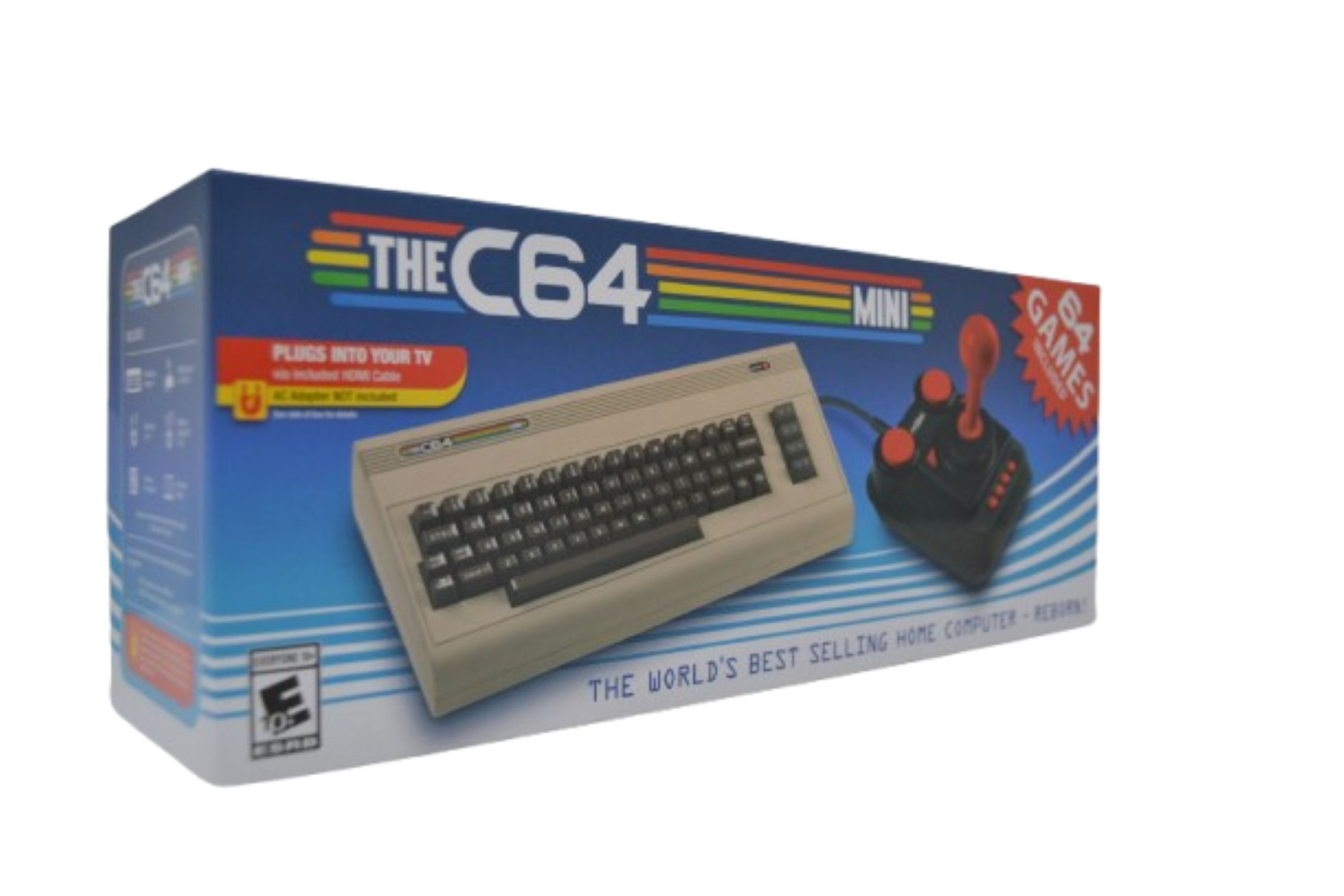 Pudełko dla The C64 Mini. Pokazuje klawiaturę, joystick i konsolę z kolorowym designem.