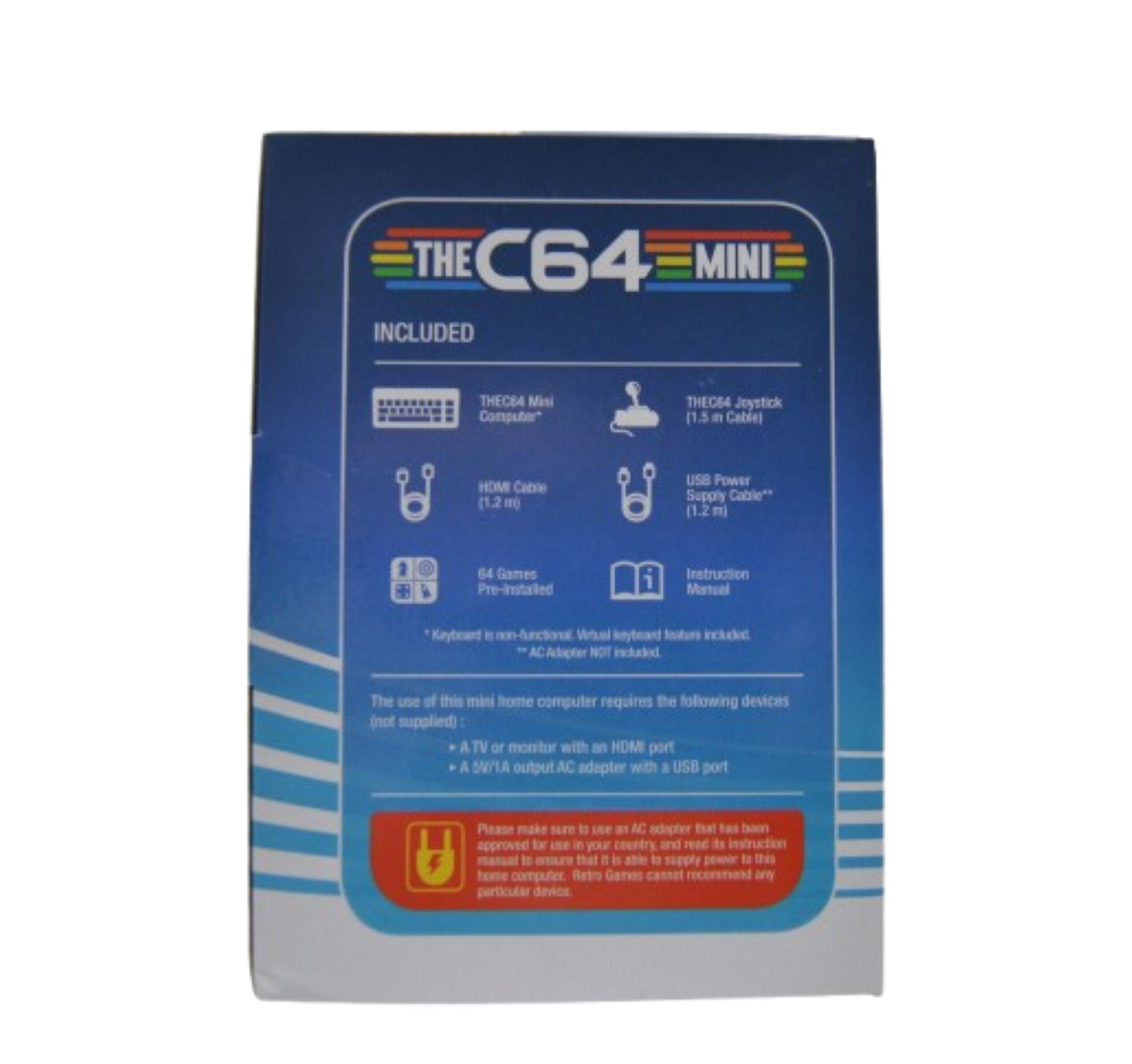 Pudełko The C64 Mini. Wymienia dołączone elementy: mini komputer, joystick, kabel i 64 gry.