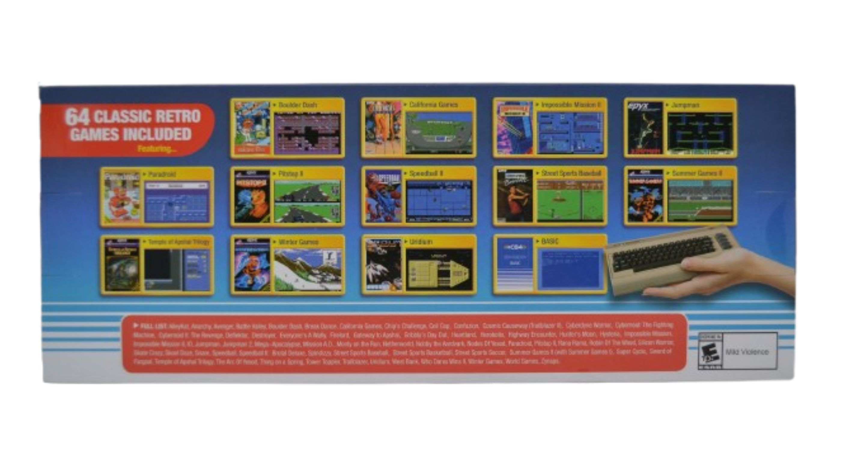 Tył pudełka C64 Mini, z okładkami gier i tekstem '64 CLASSIC RETRO GAMES INCLUDED'.