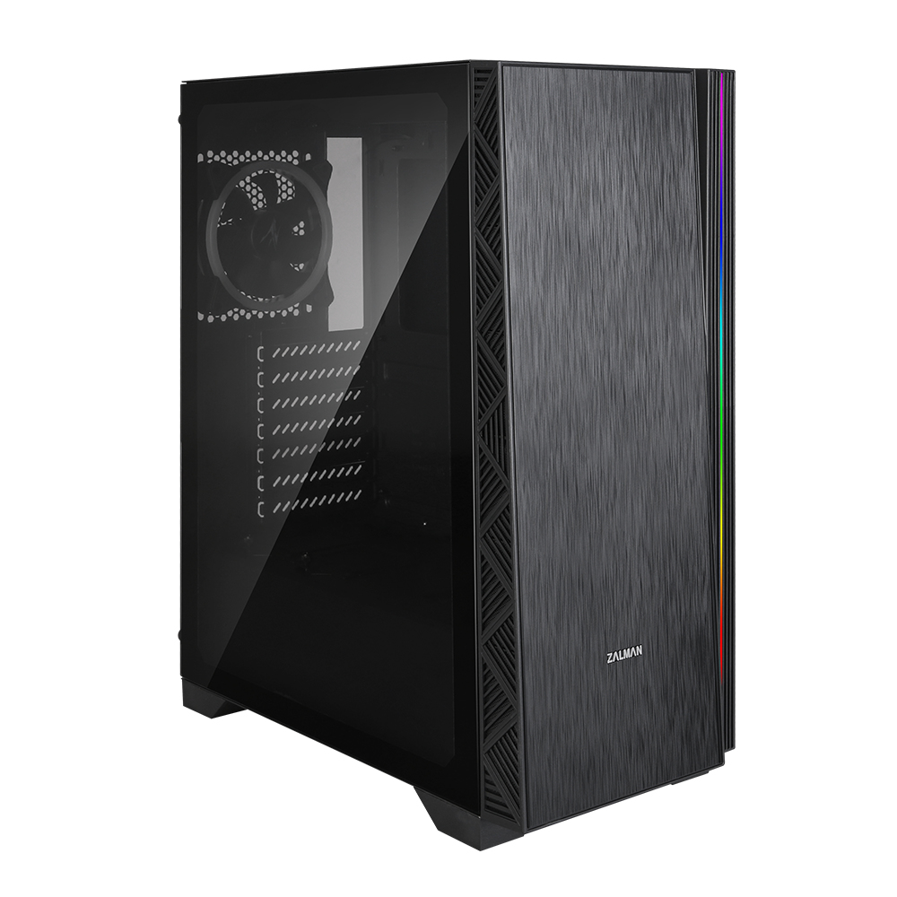 Boîtier d'ordinateur noir avec panneau latéral en verre et bande lumineuse RGB.