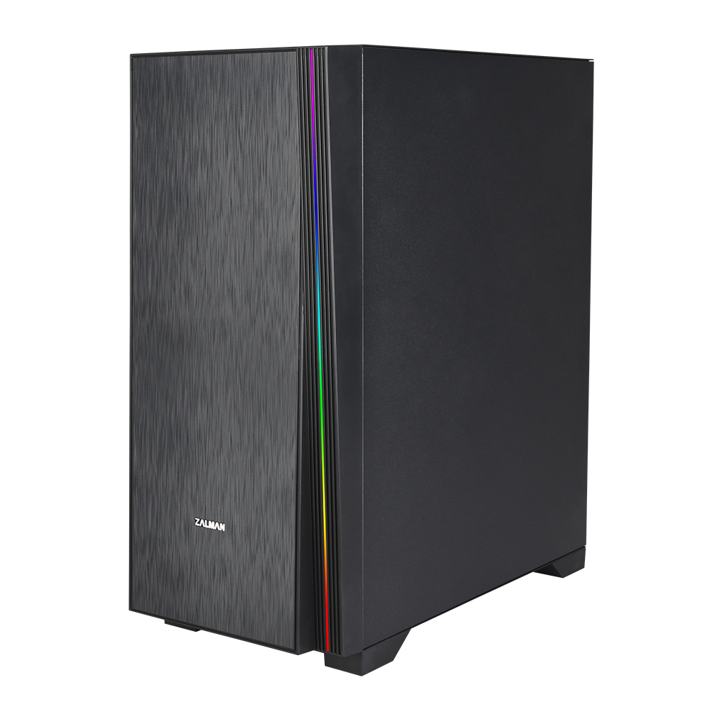 Boîtier d'ordinateur noir avec bande lumineuse RGB sur le côté.