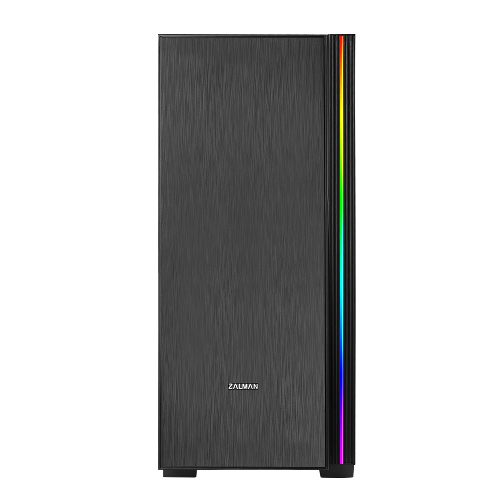 Boîtier d'ordinateur noir avec bande LED RGB sur le côté, avec le logo 'ZALMAN'.
