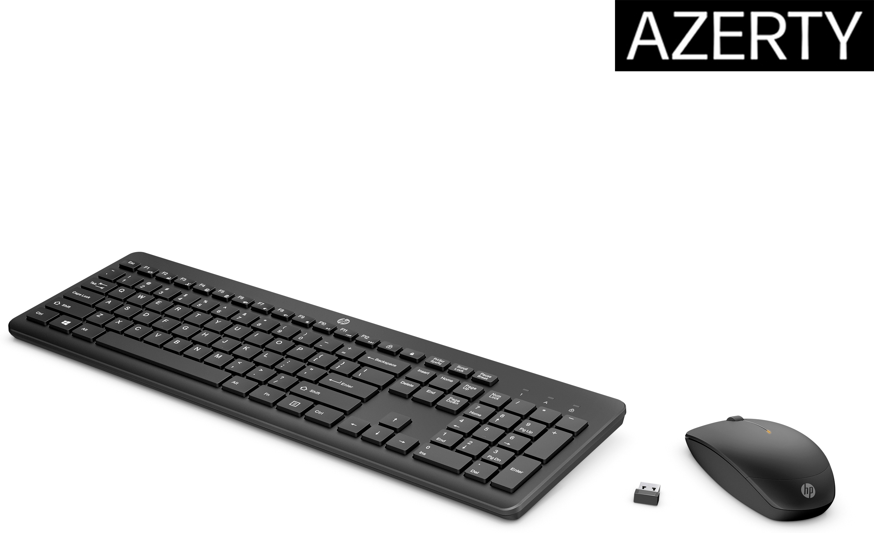 Conjunto de teclado y ratón negro, con receptor USB. AZERTY está impreso en la parte superior del teclado.