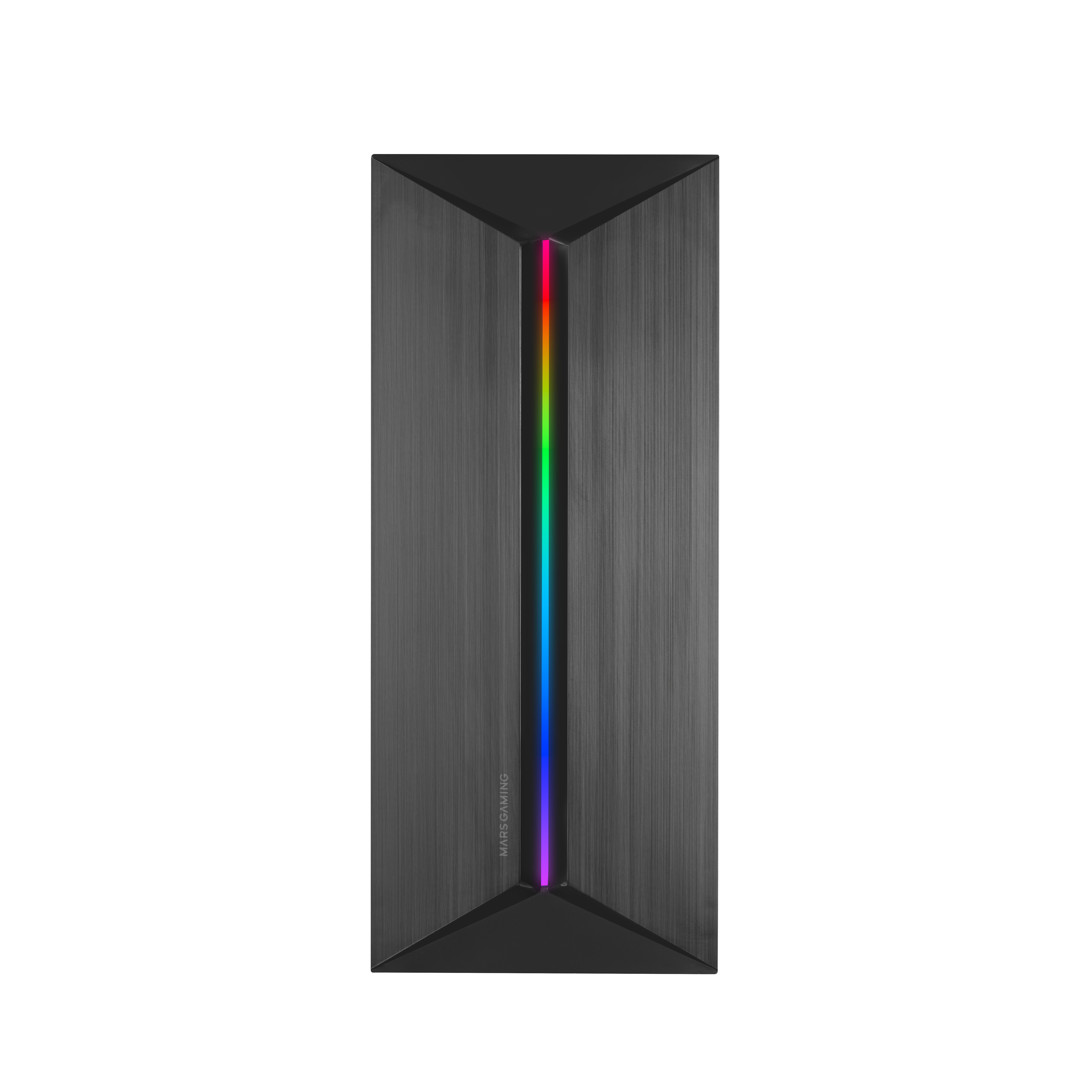 Frontale del case del computer nero con una striscia LED arcobaleno verticale. È visibile un logo Mars Gaming.
