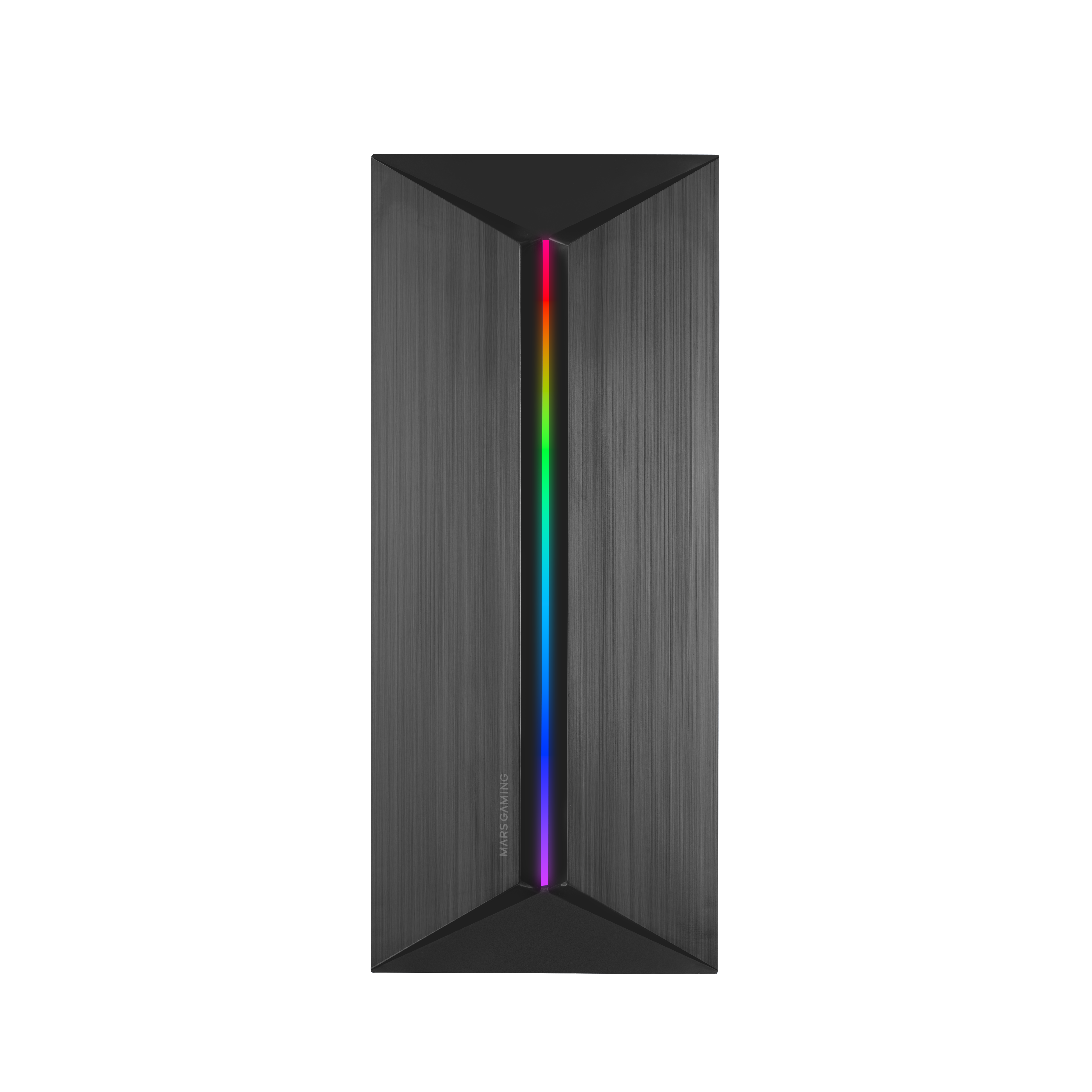 Case per computer nero con una striscia LED colorata. Il marchio Mars Gaming è visibile.