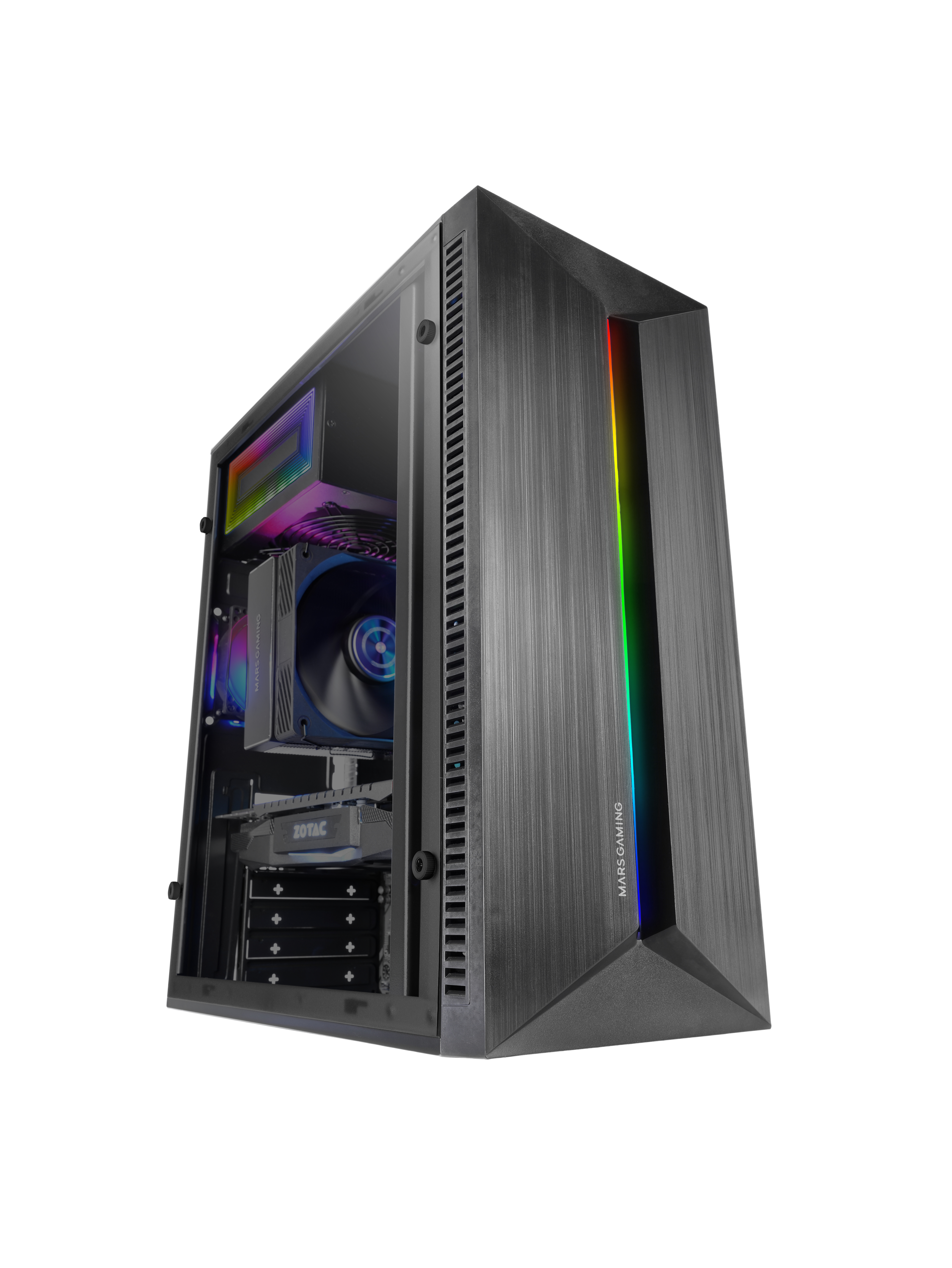Un case per computer con pannello laterale in vetro e striscia LED arcobaleno. All'interno, i componenti sono visibili.