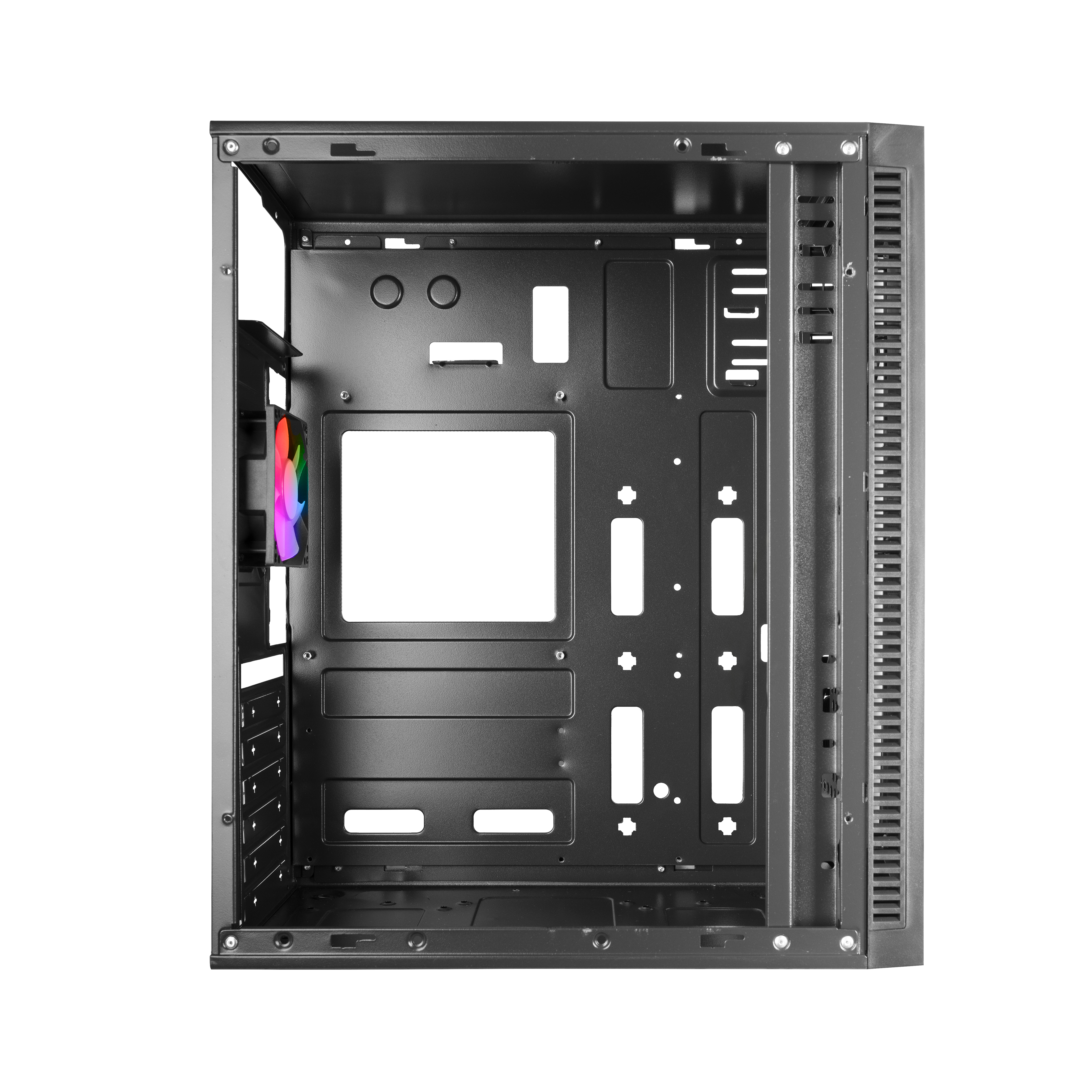 Case computer nero vuoto con struttura interna visibile. Pannello laterale rimosso, fori di montaggio.