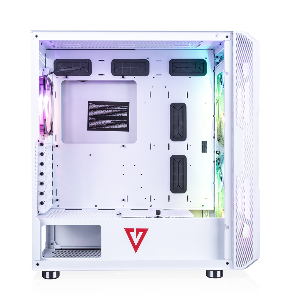 Biała obudowa komputera z otwartym wnętrzem i wentylatorami LED. Czerwone logo V znajduje się z przodu.