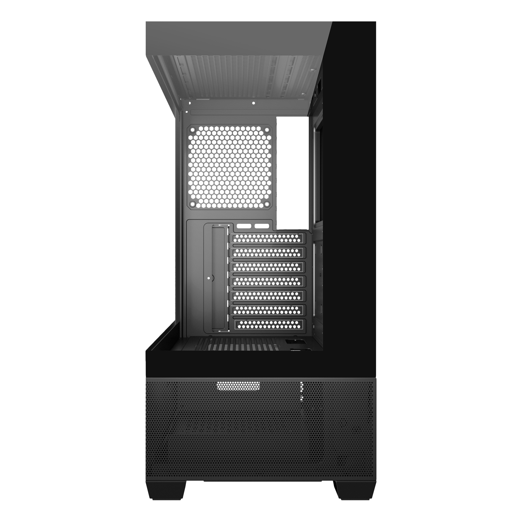Interno del case del computer nero con frontale a rete. Vuoto, con vari punti di montaggio visibili.
