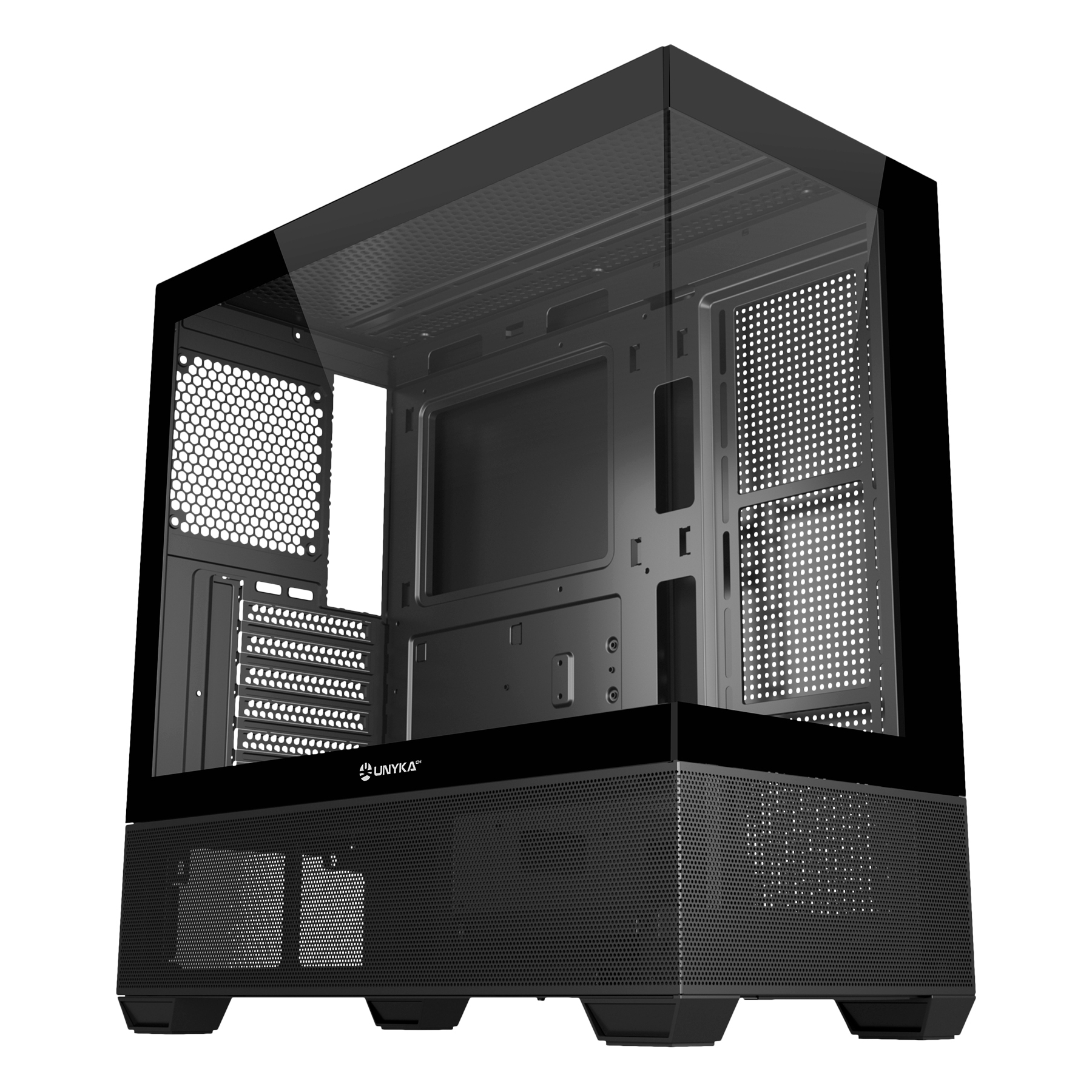 Case per computer nero con pannello laterale in vetro. Ha un frontale in rete e un logo Unyka.