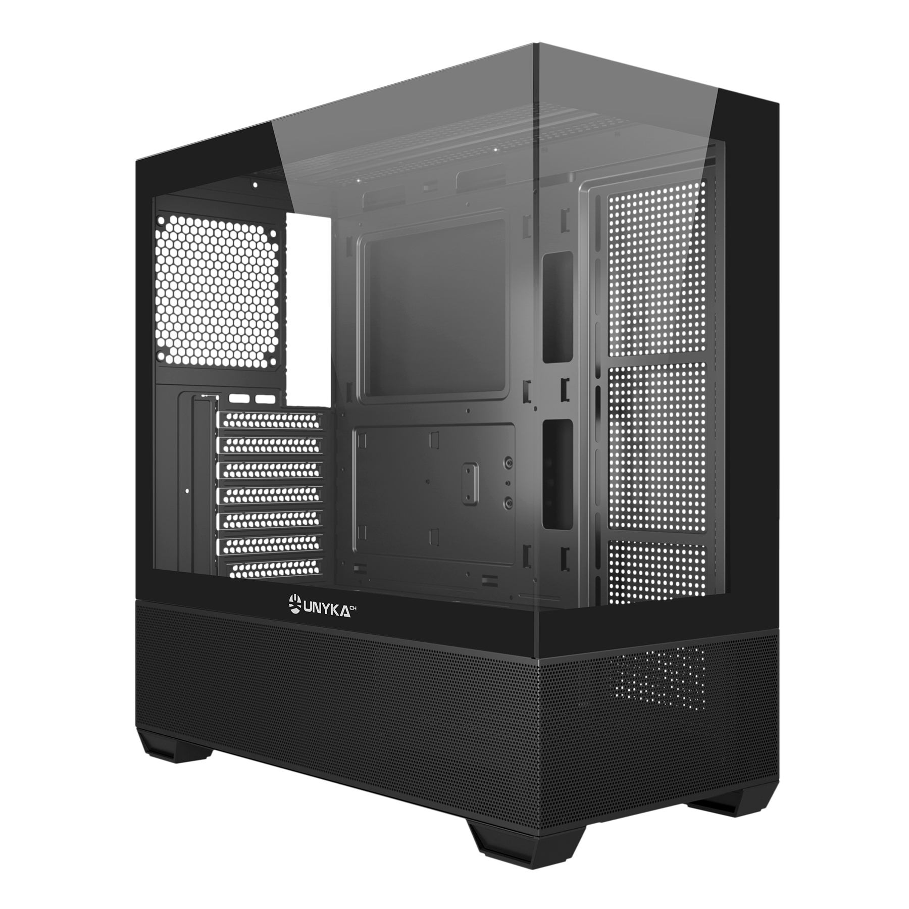 Case per computer nero con pannello laterale in vetro e frontale in rete. Ha un logo Unyka.