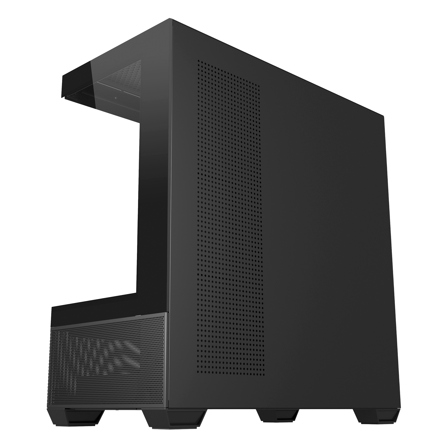 Case computer nero con pannello laterale in vetro. Pannello laterale perforato. Design angolare e moderno.