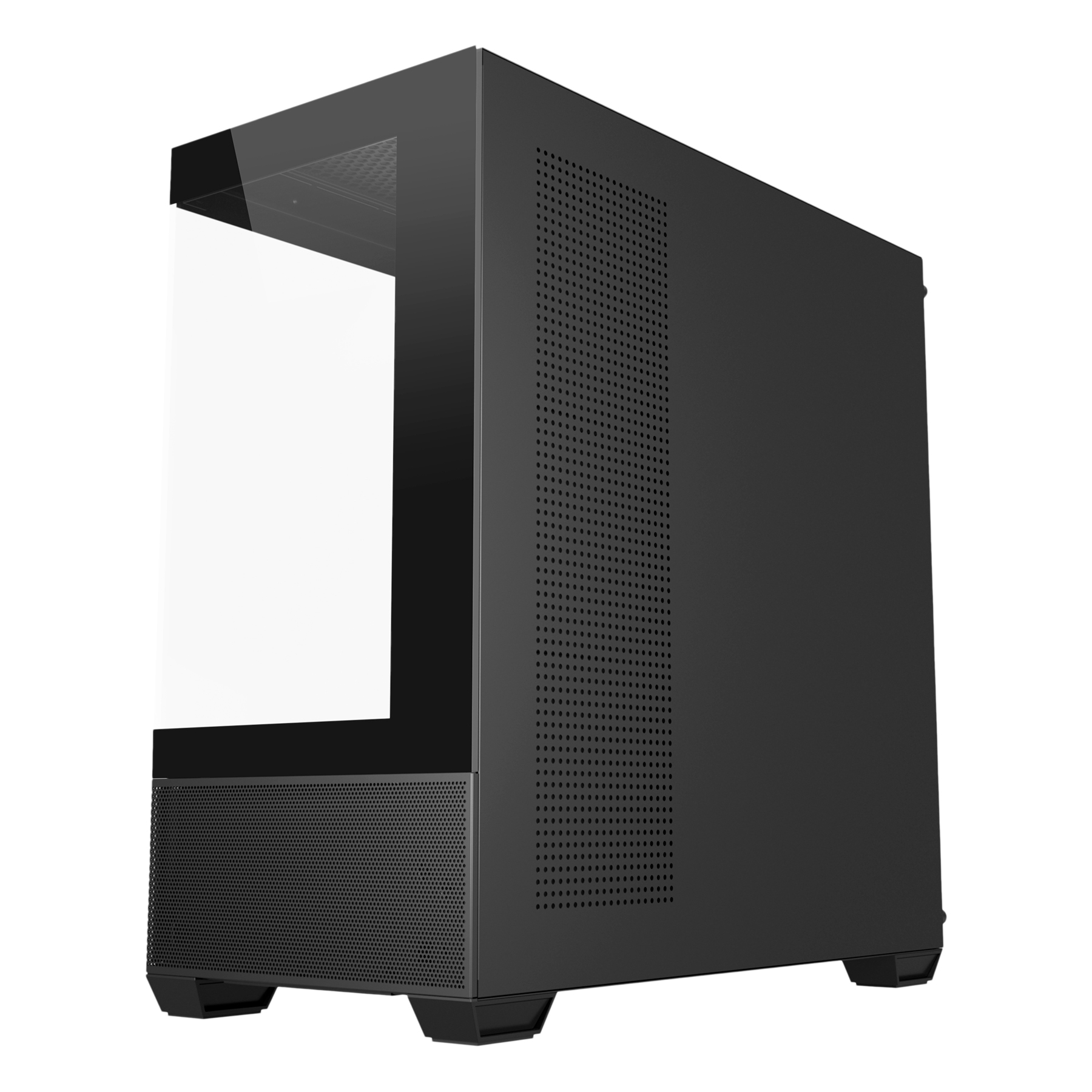 Case per computer nero con pannello laterale in vetro. Ha un frontale a rete e un pannello laterale nero pieno.