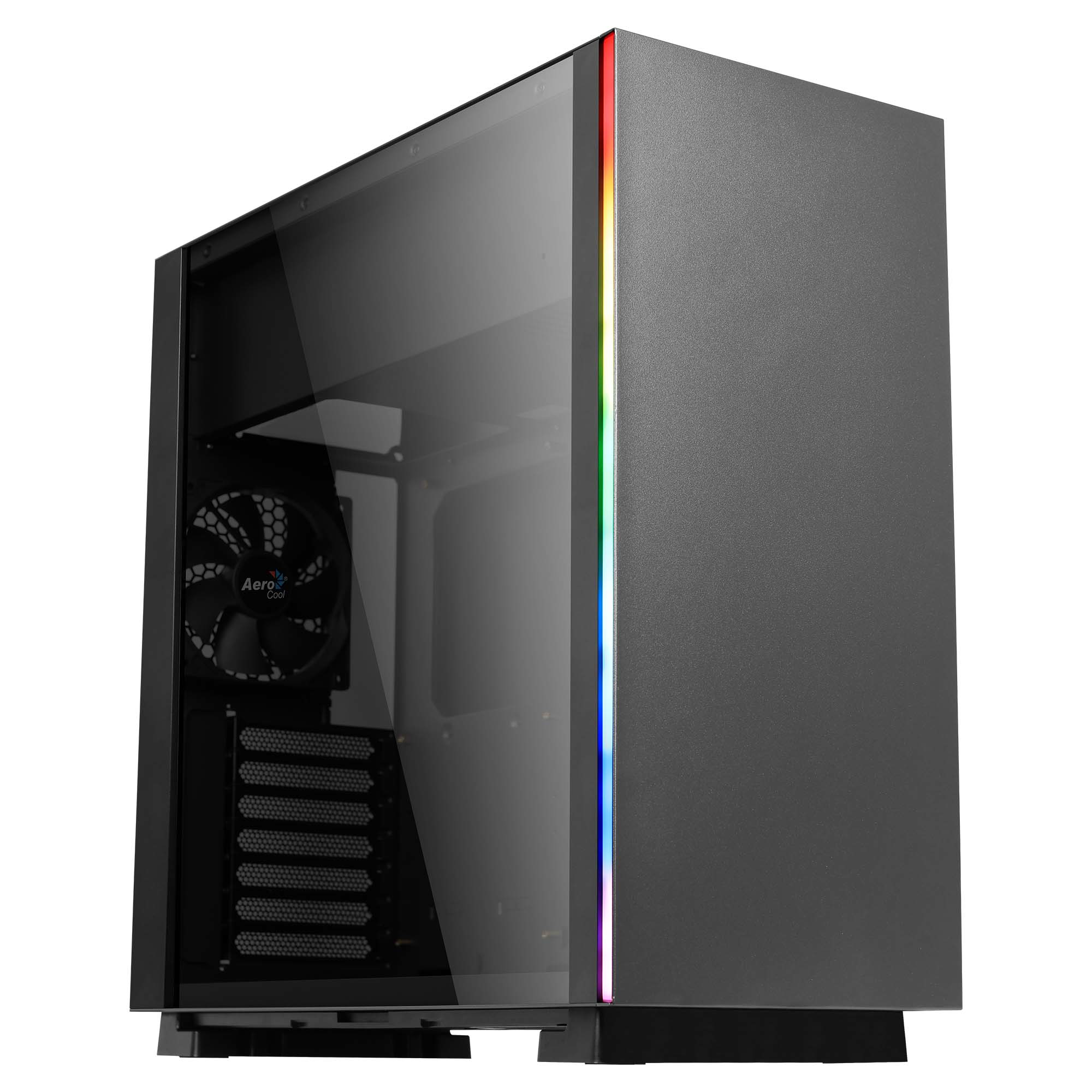 Case PC nero con pannello laterale in vetro, striscia luminosa RGB e componenti interni.