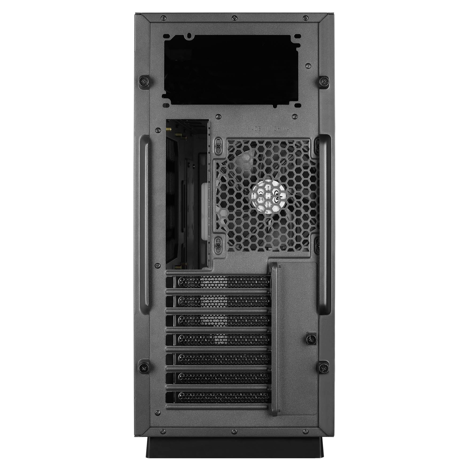 Vista posteriore di un case per computer nero. Ha aperture per ventole e montaggio componenti.