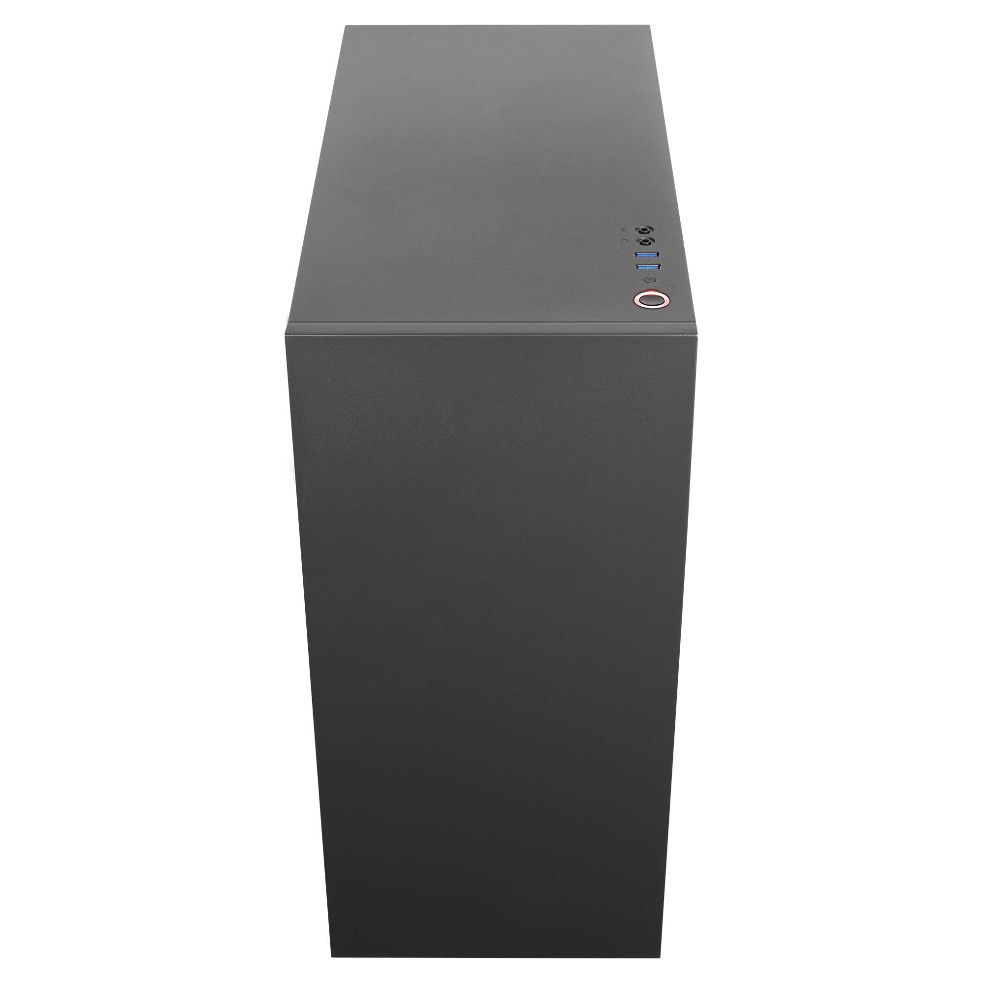 Case per computer nero, vista dall'alto. Ha porte di alimentazione e USB sulla parte anteriore.