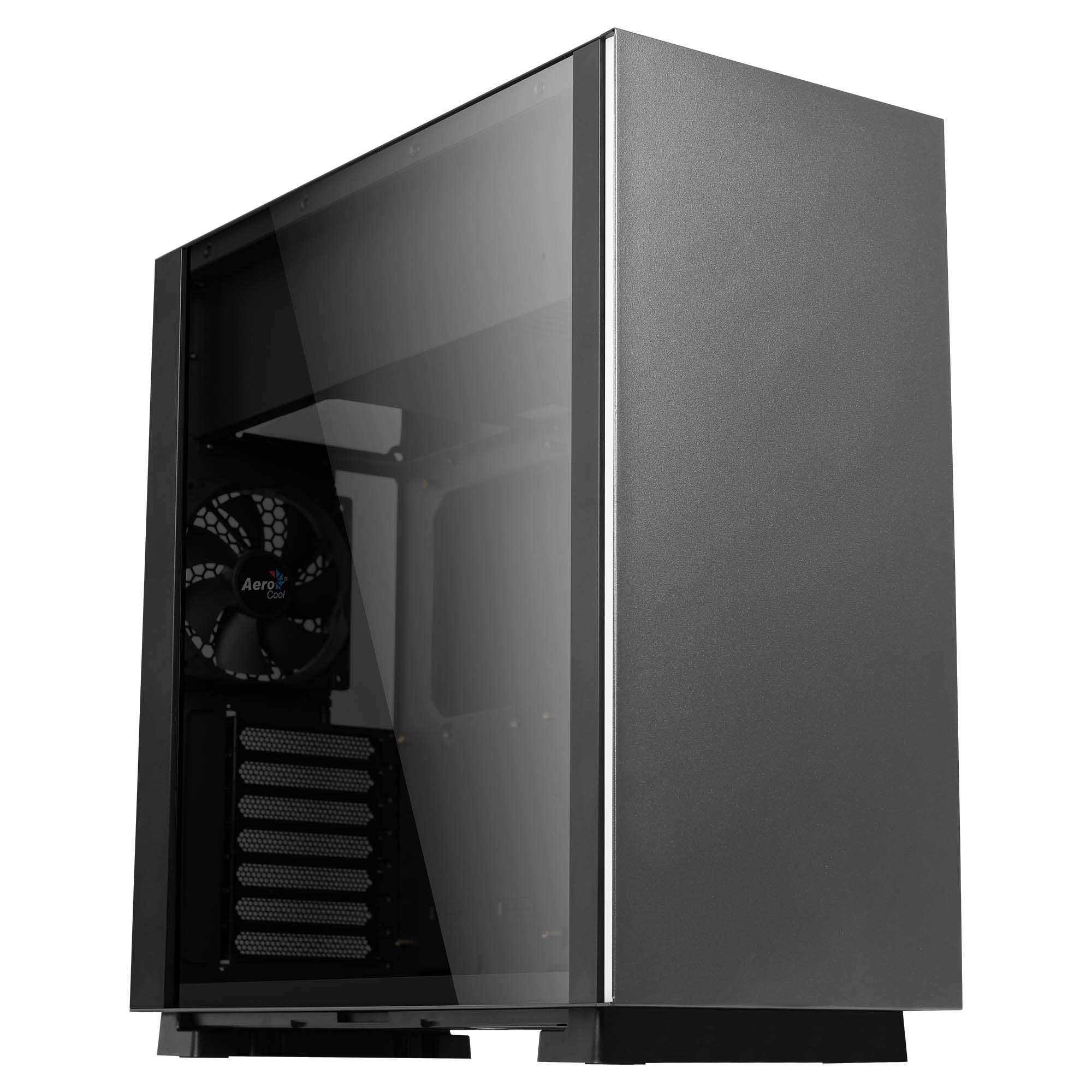 Case computer nero, vista angolata. Pannello laterale in vetro e ventola visibili.