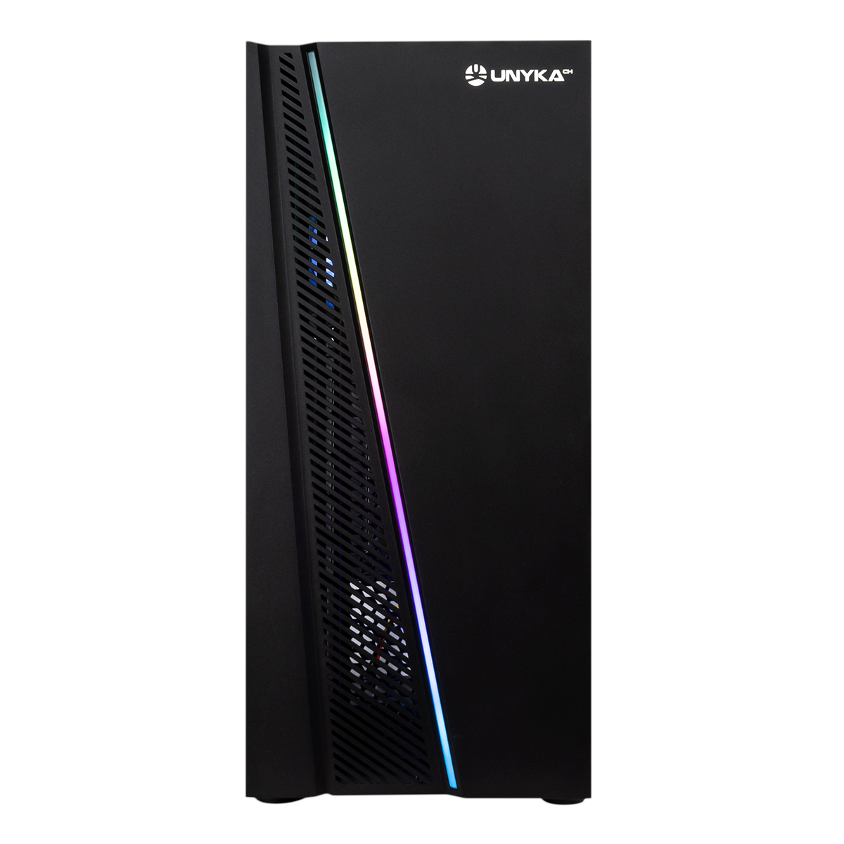 Czarna obudowa PC z pionowym paskiem świetlnym RGB z przodu.