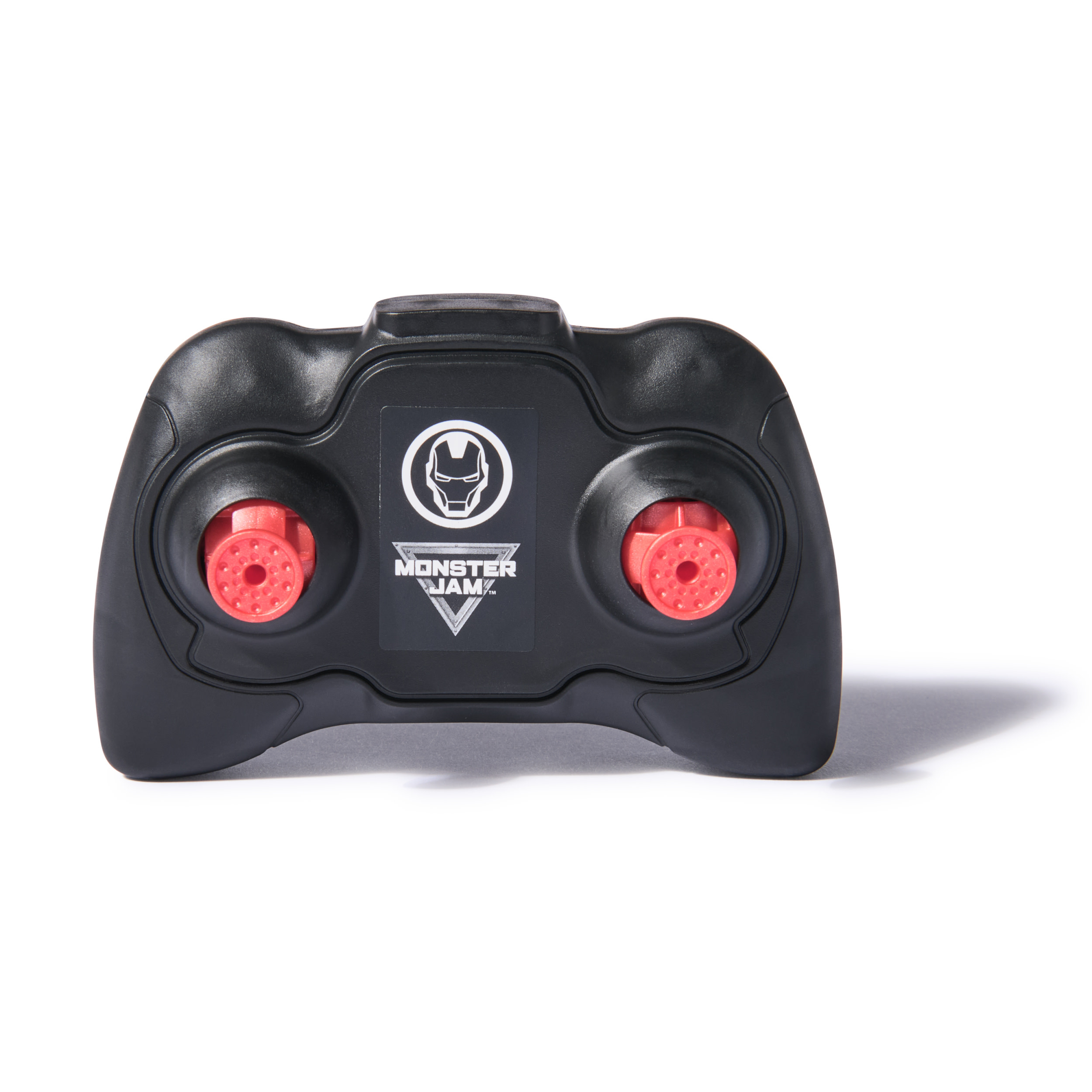 Czarny pilot z logo Iron Man i czerwonymi przyciskami.