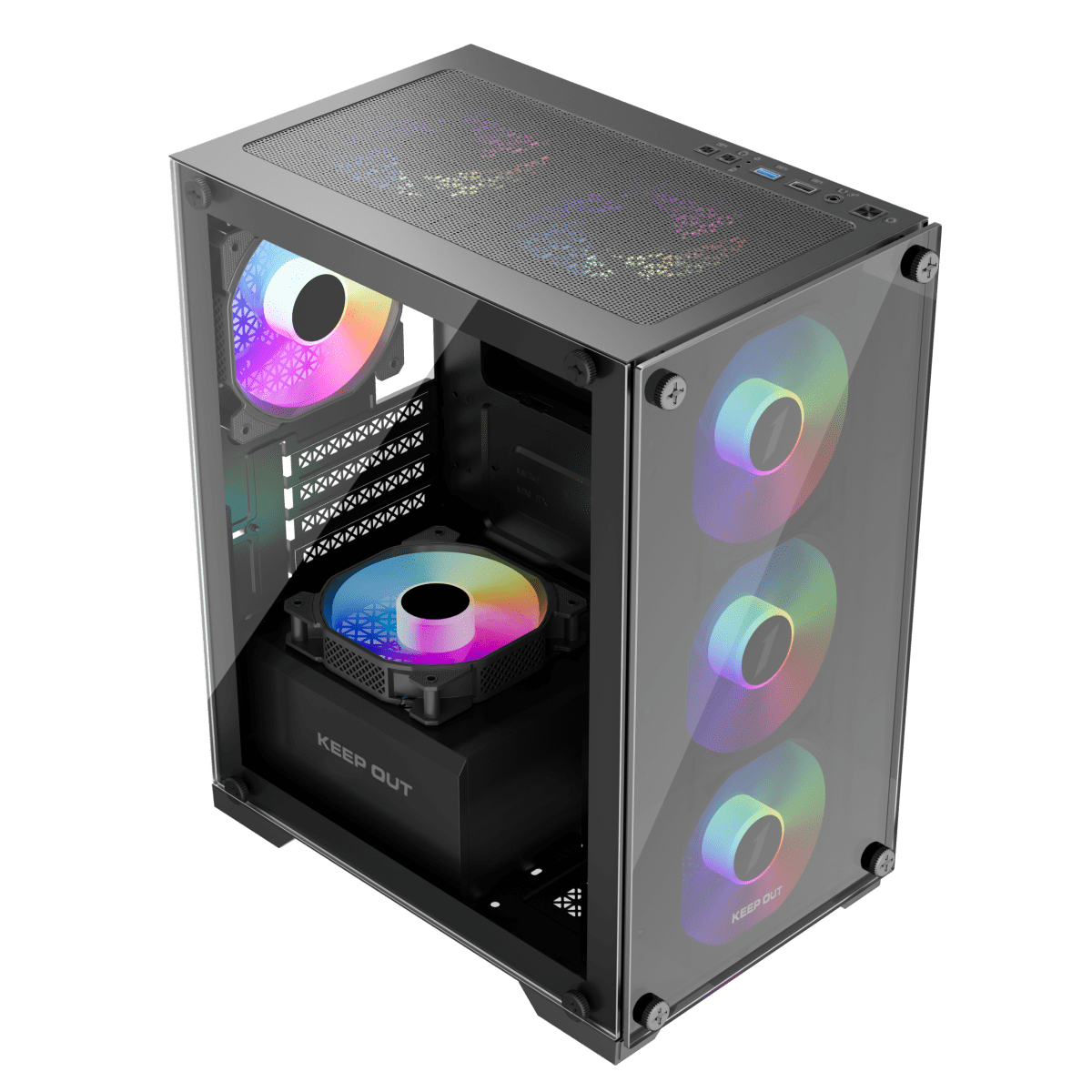 Un case per computer nero con pannelli di vetro e ventole colorate. Su sfondo bianco.