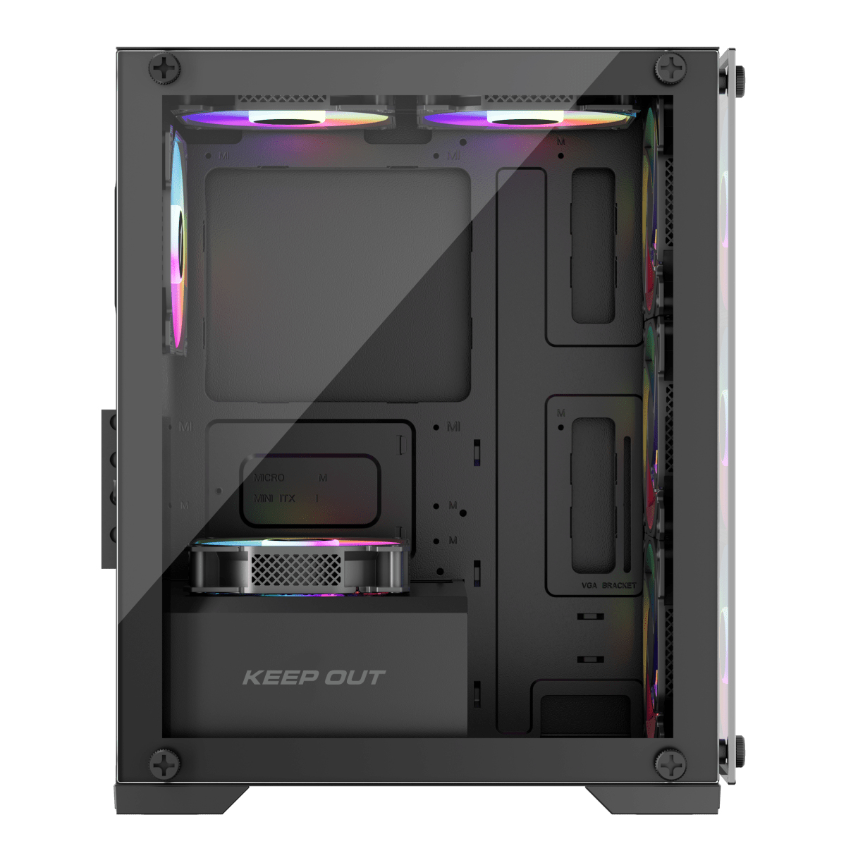 All'interno di un case per PC, con luci e componenti. Il case è trasparente, mostrando l'interno.