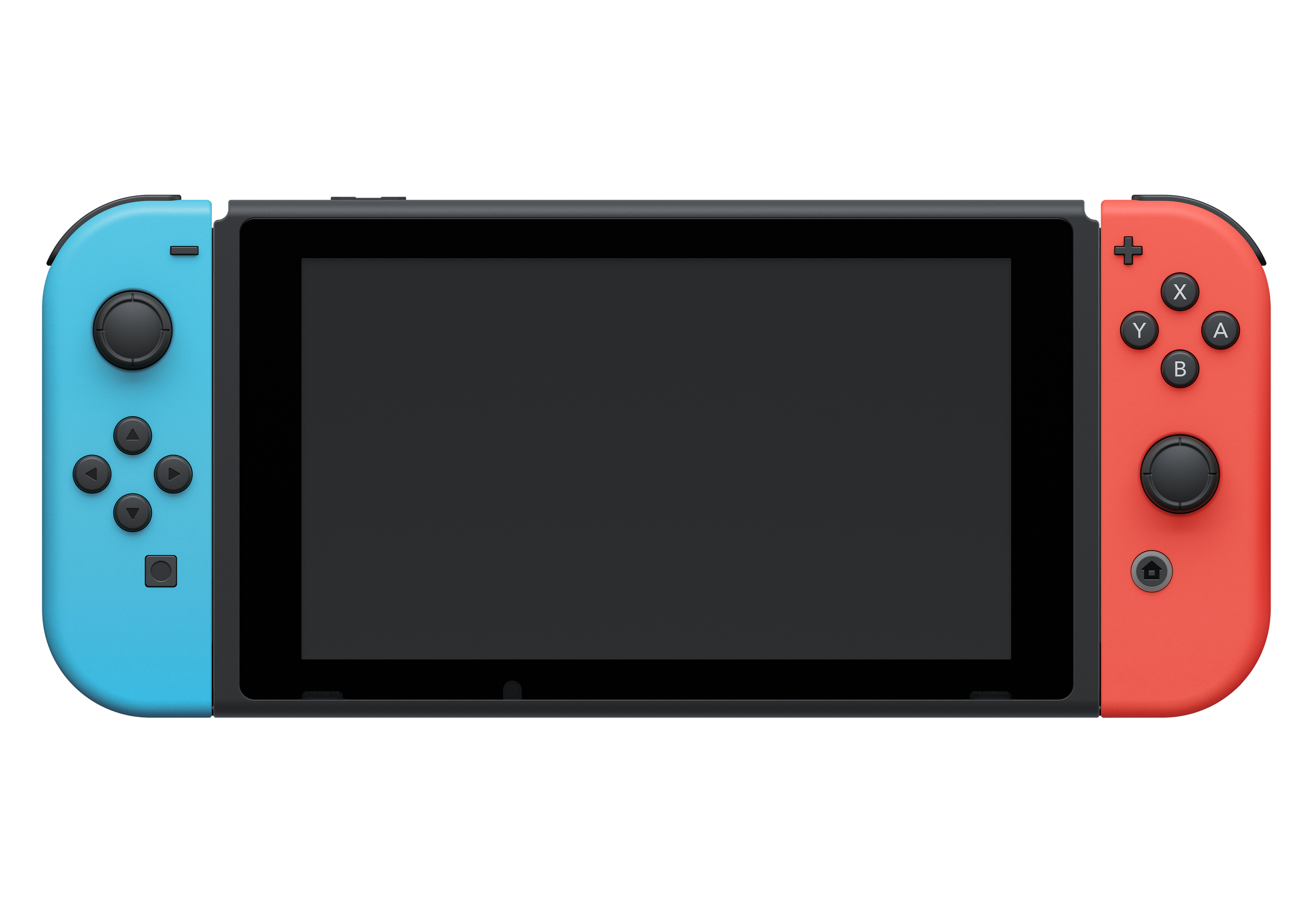 Nintendo Switch Konsole mit blauen und roten Controllern. Schwarzer Bildschirm.