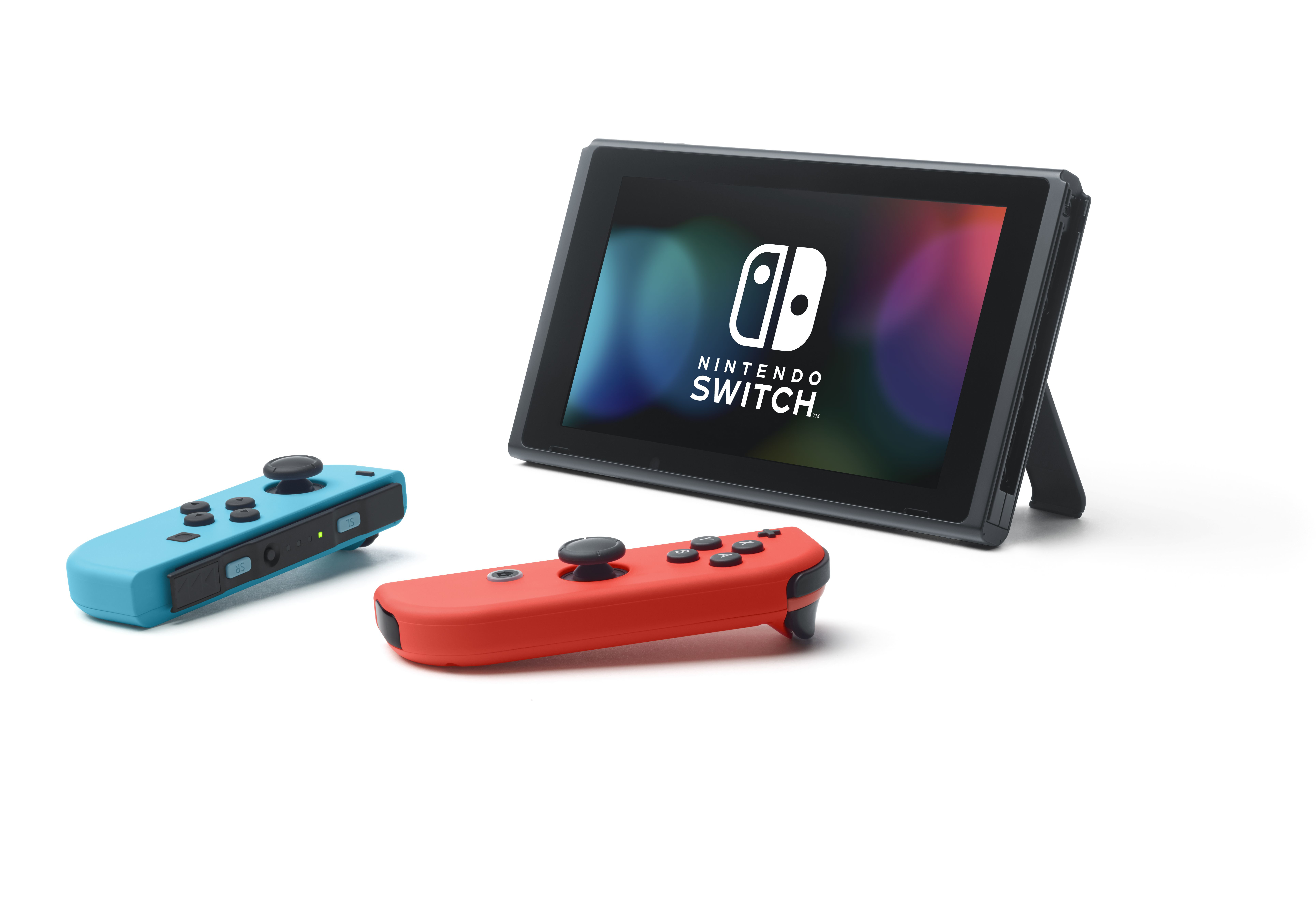 Nintendo Switch mit Display und zwei abgenommenen Controllern.