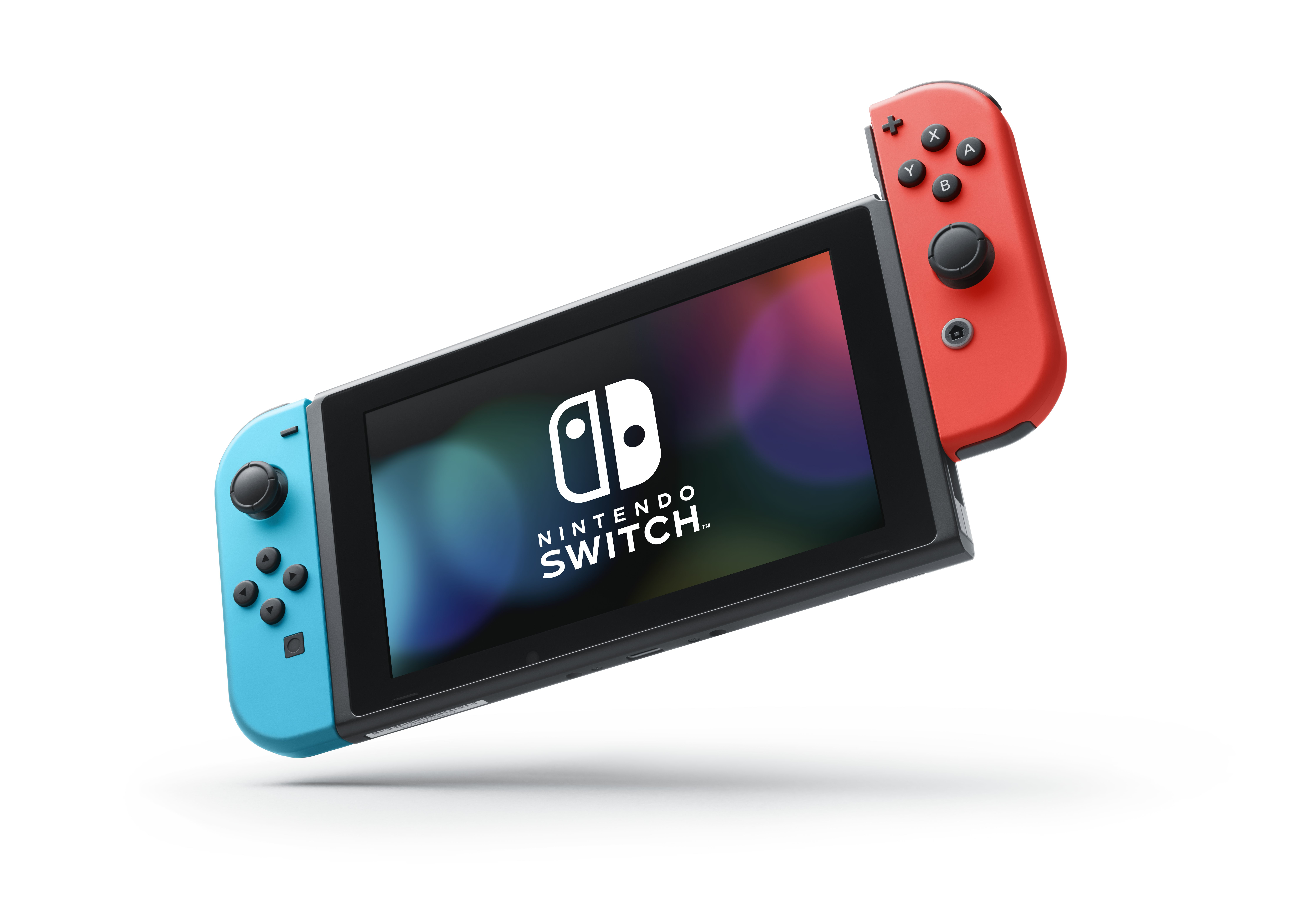 Nintendo Switch-Konsole mit Display und zwei separaten Controllern.