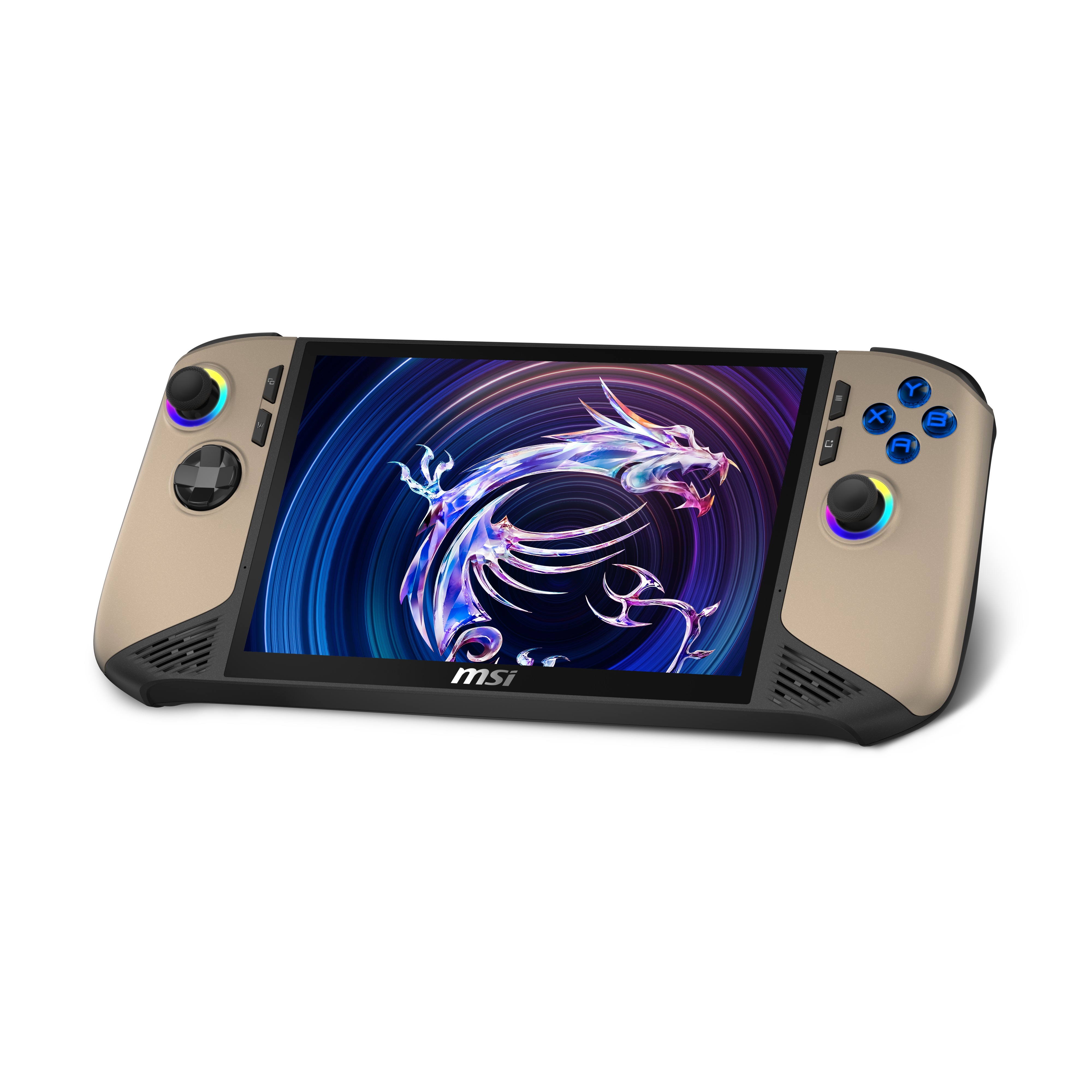 Dispositivo di gioco portatile, color camoscio, con schermo colorato.