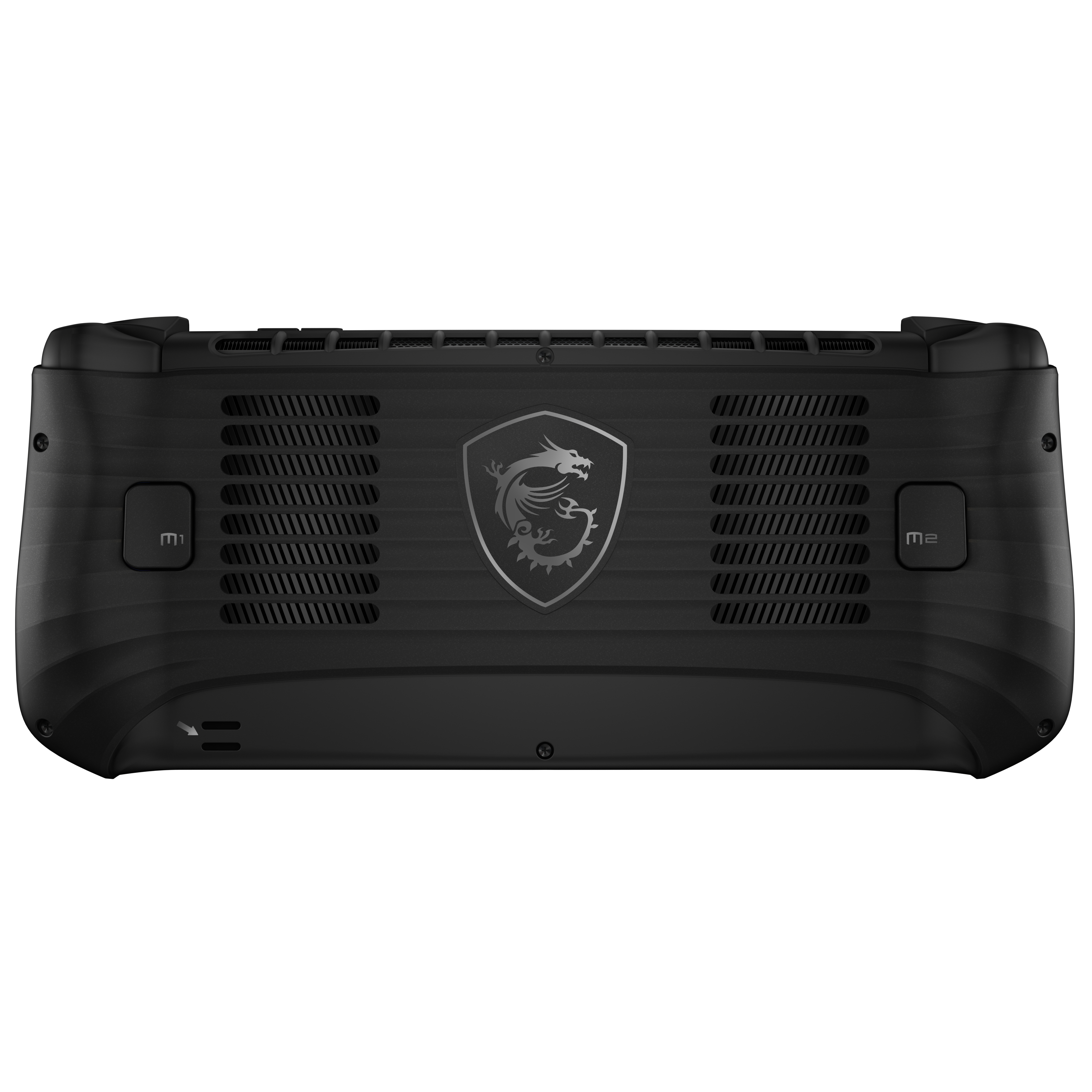 Console portatile nera, vista posteriore, con logo e prese d'aria.