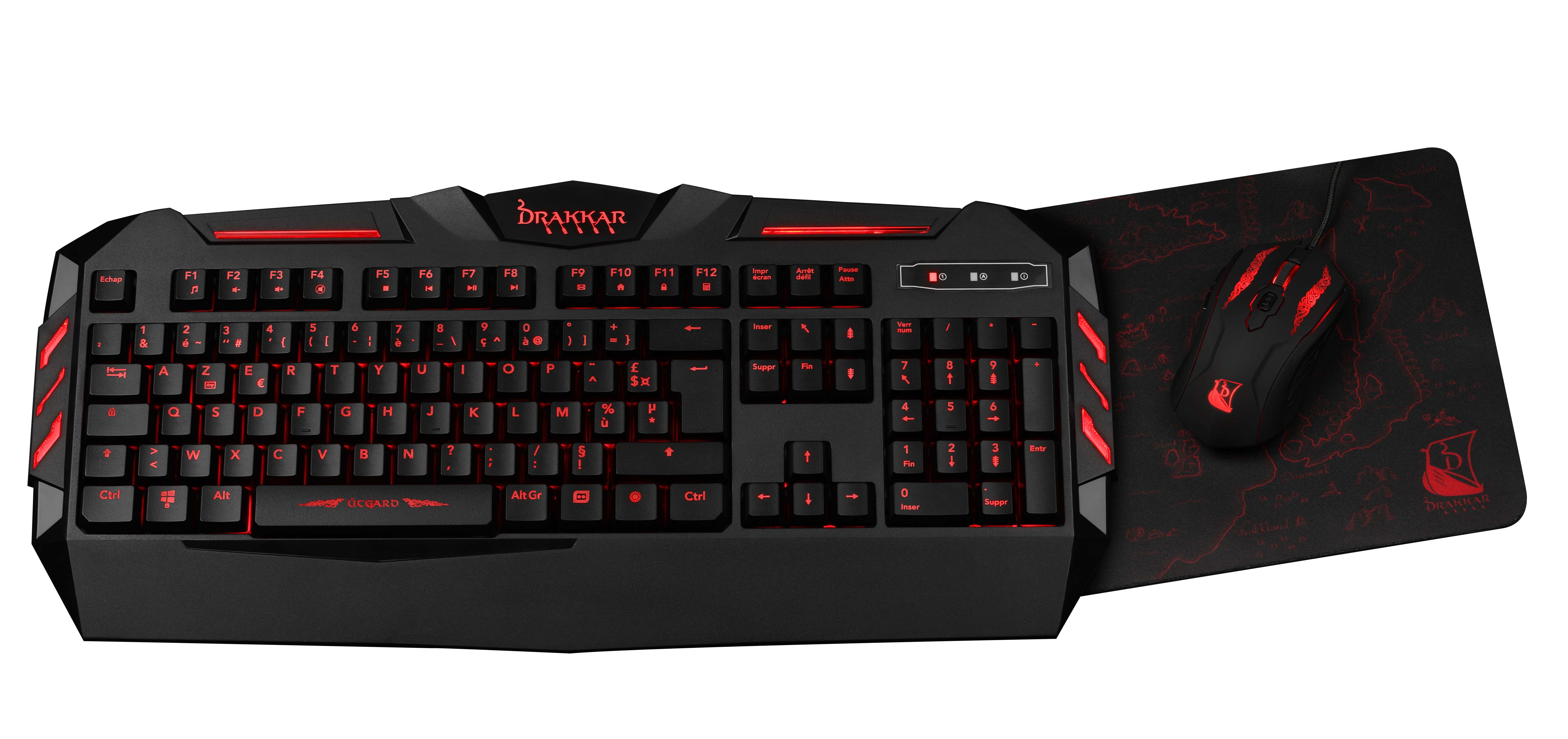Czarna klawiatura, mysz i podkładka Drakkar gaming. Czerwone podświetlenie. Czarno-czerwony design.