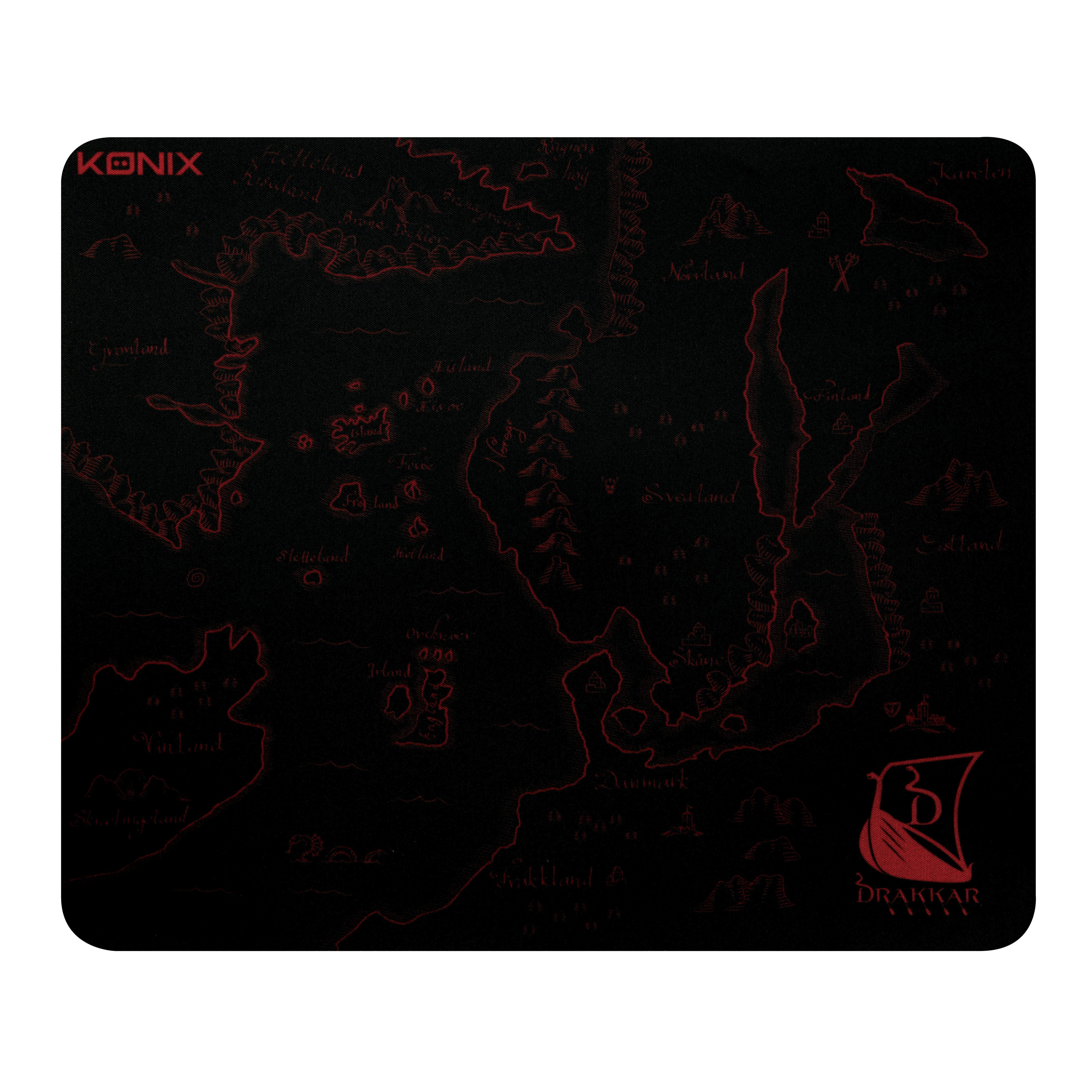 Czarna i czerwona podkładka pod mysz dla graczy. Mapa z czerwonymi konturami i logo Konix i Drakkar.