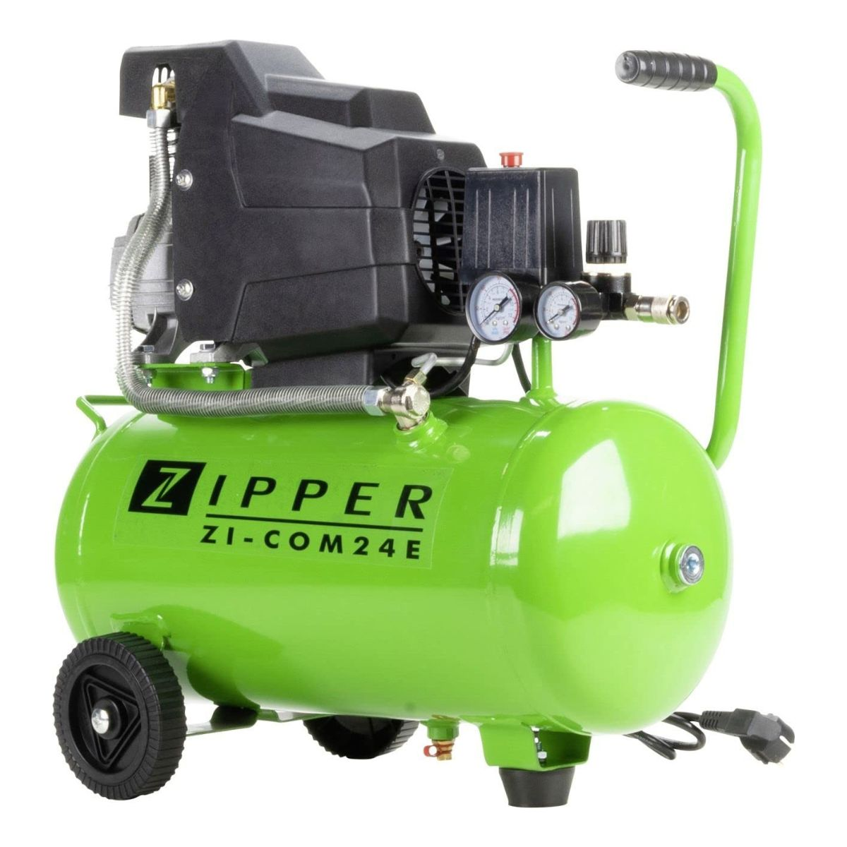 Compresseur d'air vert avec boîtier moteur noir, poignée et jauges.