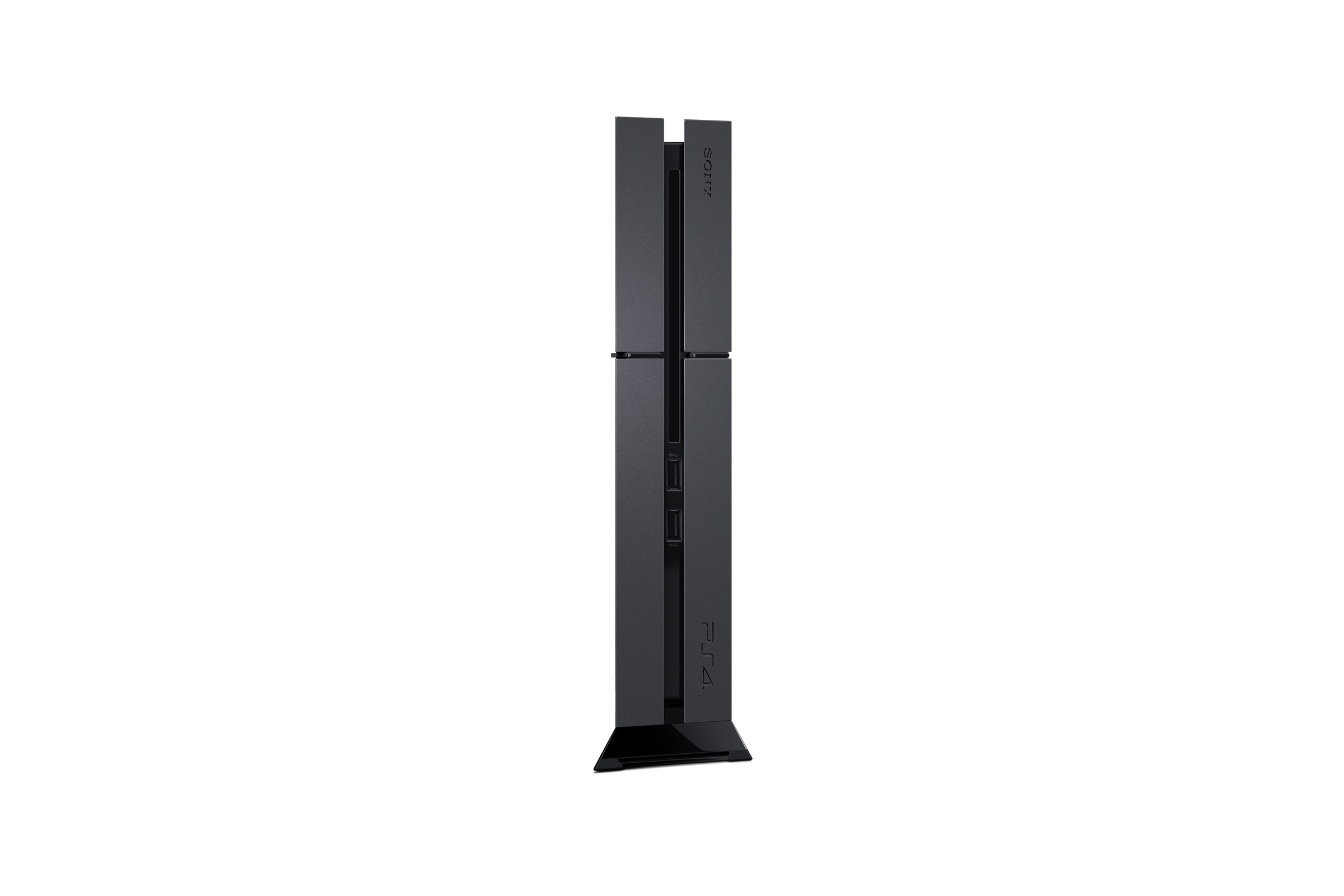 Schwarze PS4-Konsole, die aufrecht steht. Das Sony-Logo ist an der Seite sichtbar.