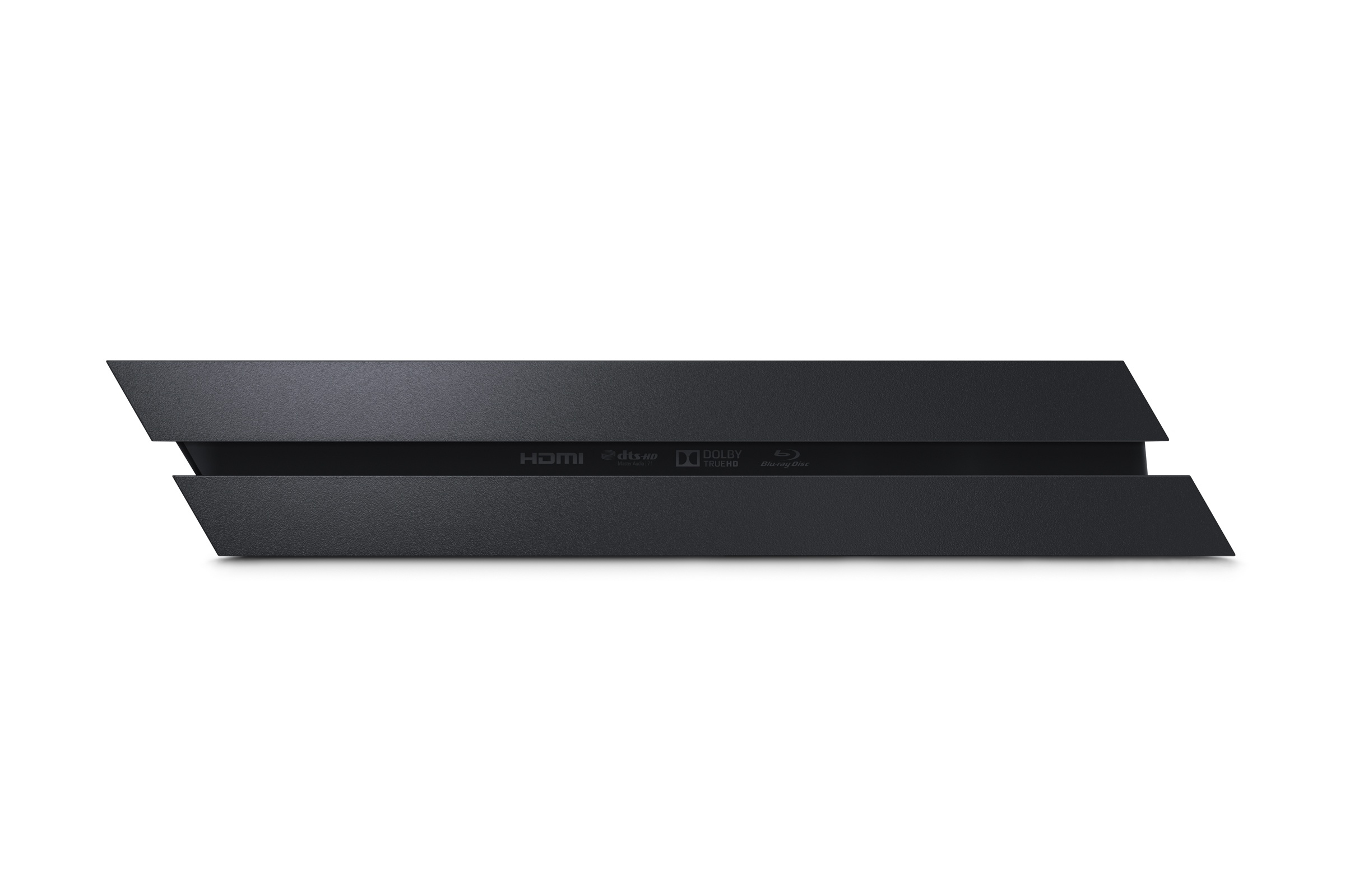 Eine schwarze Konsole mit HDMI-, DTS-, Dolby- und Blu-ray-Logos, vor weißem Hintergrund.