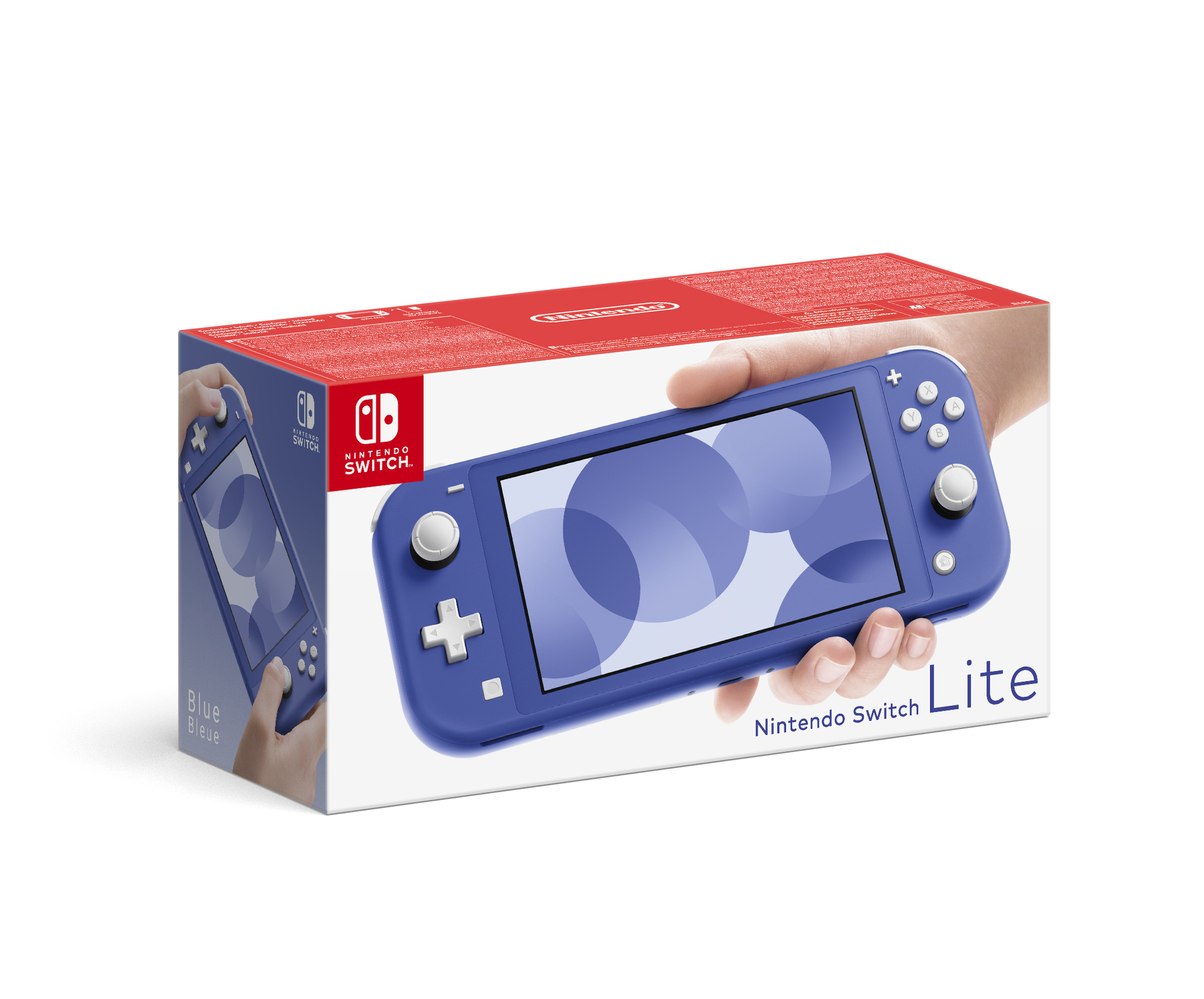 Niebieska konsola Nintendo Switch Lite w pudełku. Ręka trzyma pudełko, białe tło.