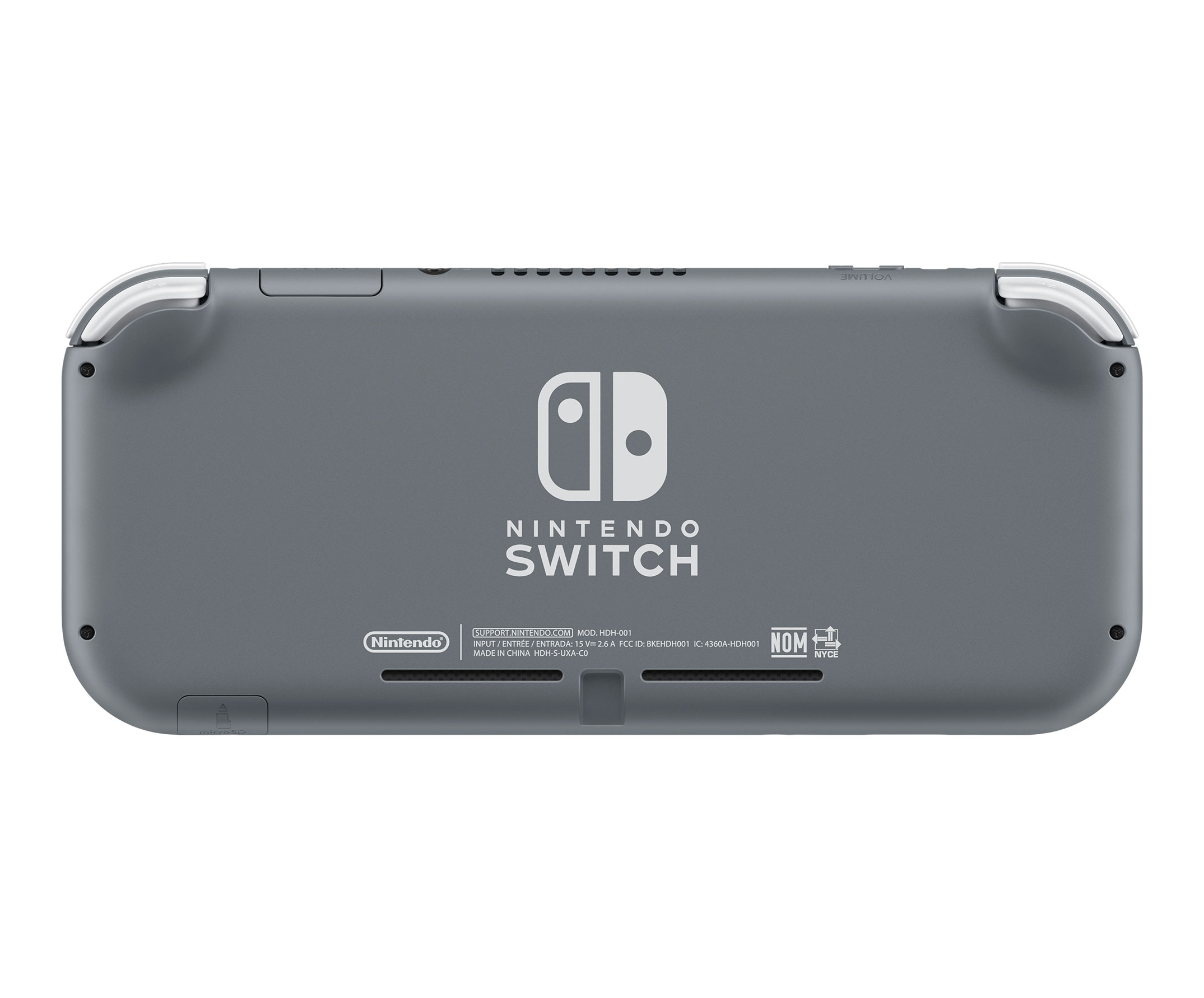 Gri Nintendo Switch Lite konsolu, arka görünüm. Nintendo logosu ve çeşitli etiketler içerir.