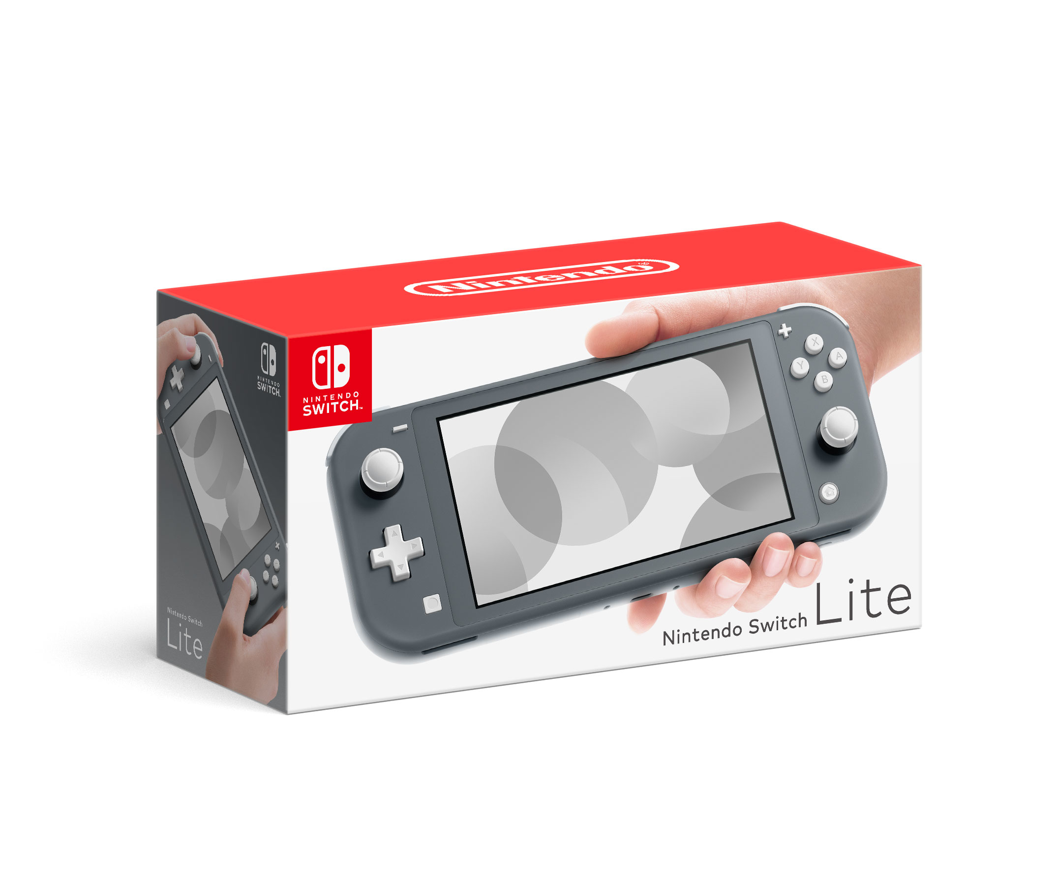 Kutusunda Nintendo Switch Lite konsolu. Kutu kırmızı üst kısma sahip ve ön tarafta konsolu gösteriyor.