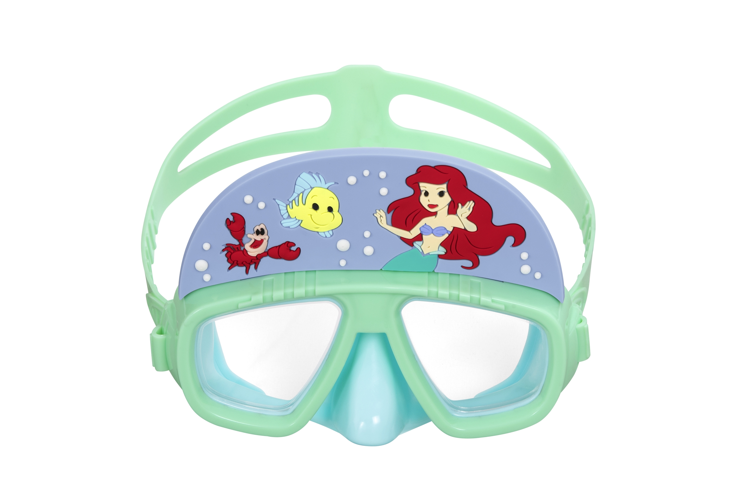 Una maschera subacquea a tema La Sirenetta con Ariel, Flounder e Sebastian sulla parte superiore.