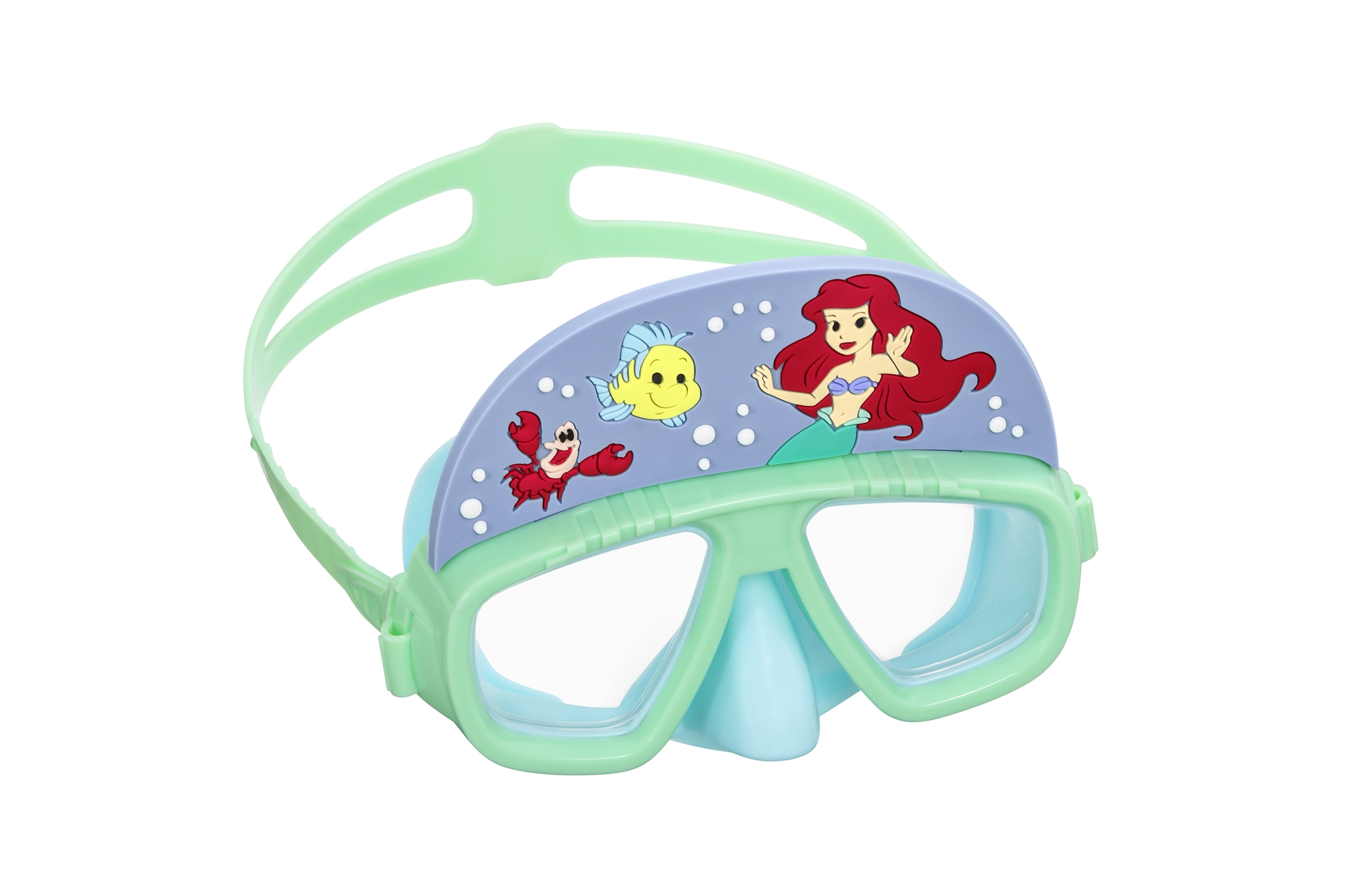 Occhialini da nuoto verdi di Ariel con Ariel, Flounder e Sebastian sulla parte frontale.