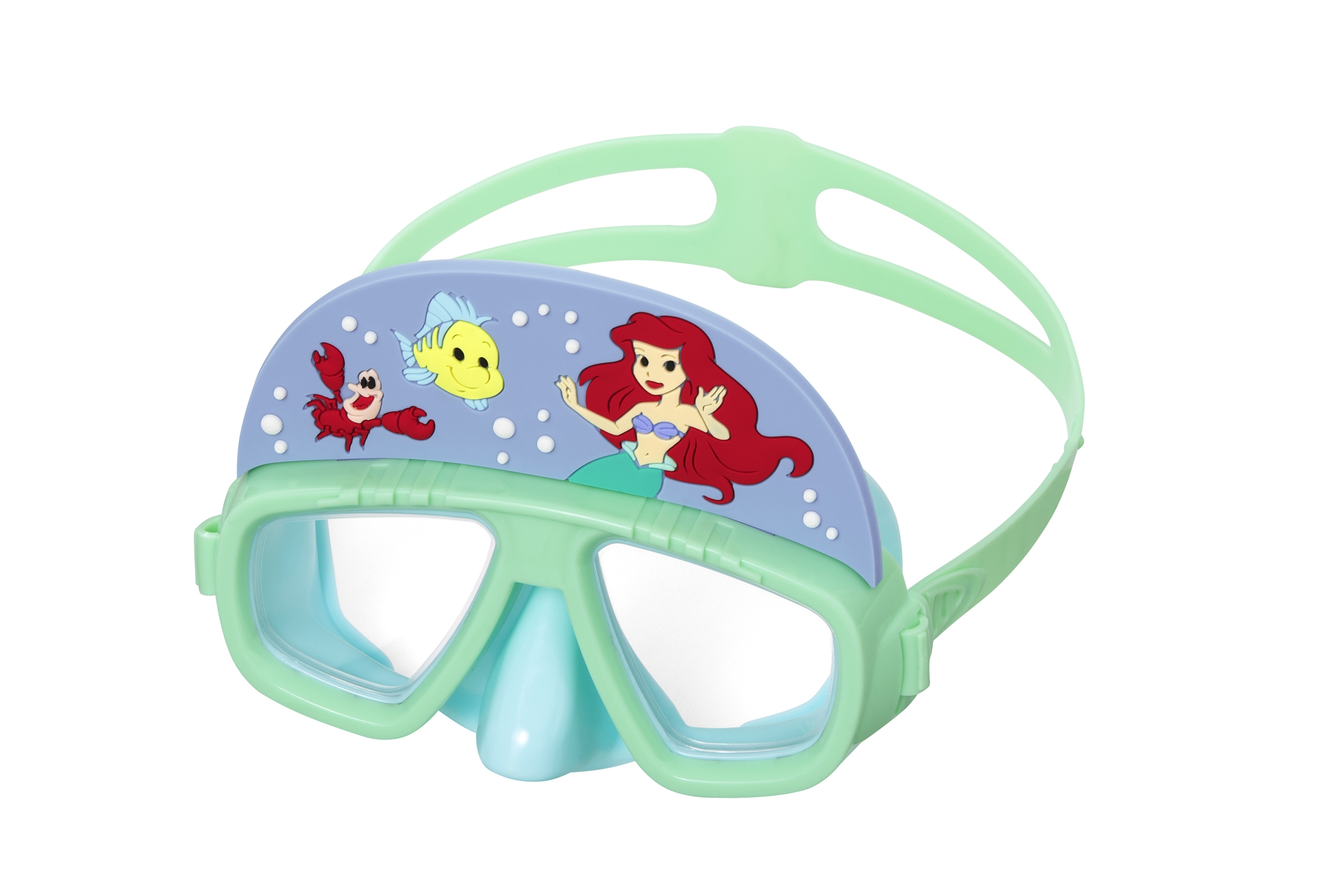 Occhialini da nuoto verdi di Ariel con Ariel, Flounder e Sebastian sulla parte frontale.