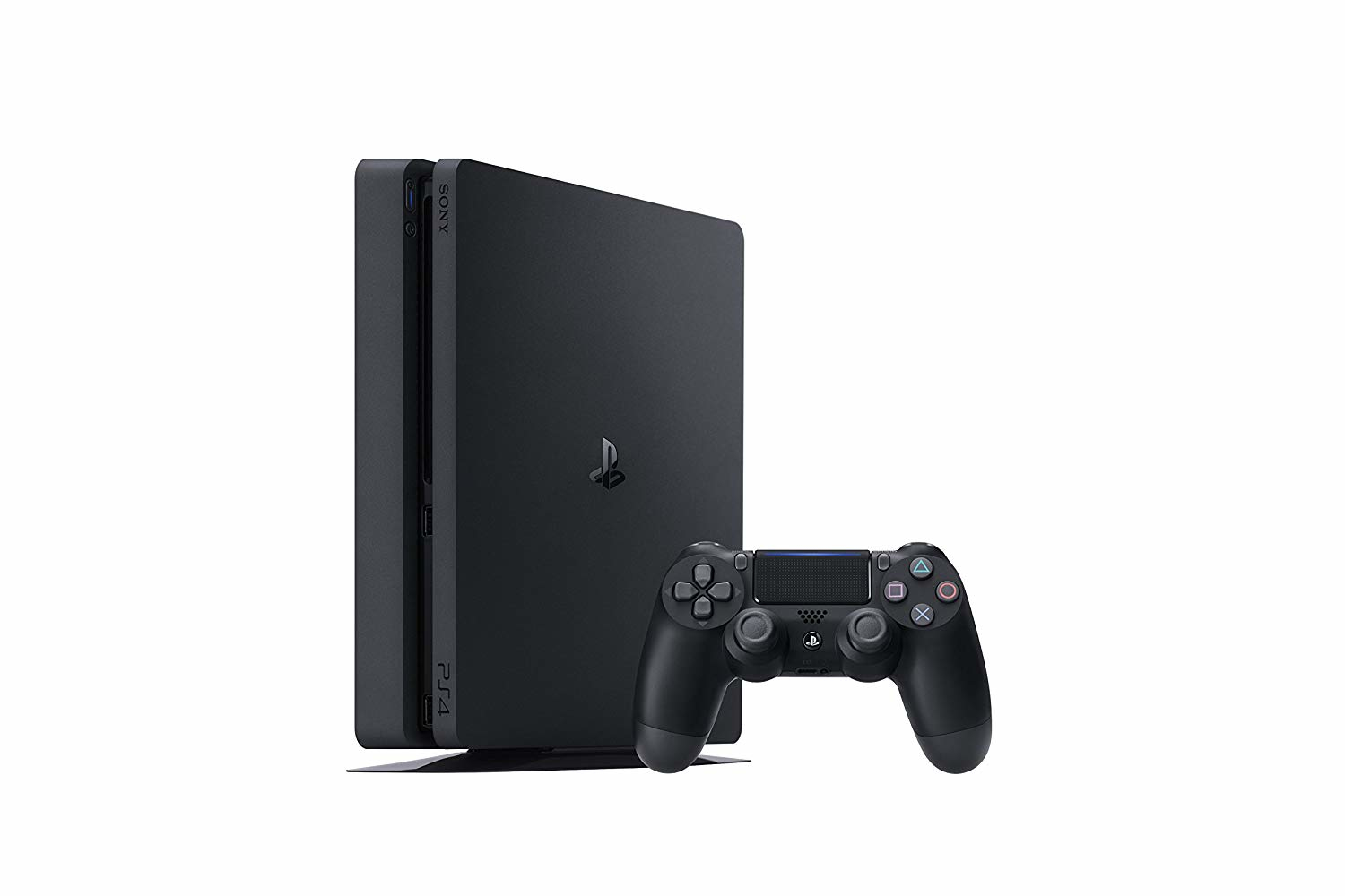 Schwarze Playstation 4 Konsole und Controller. Weißer Hintergrund.
