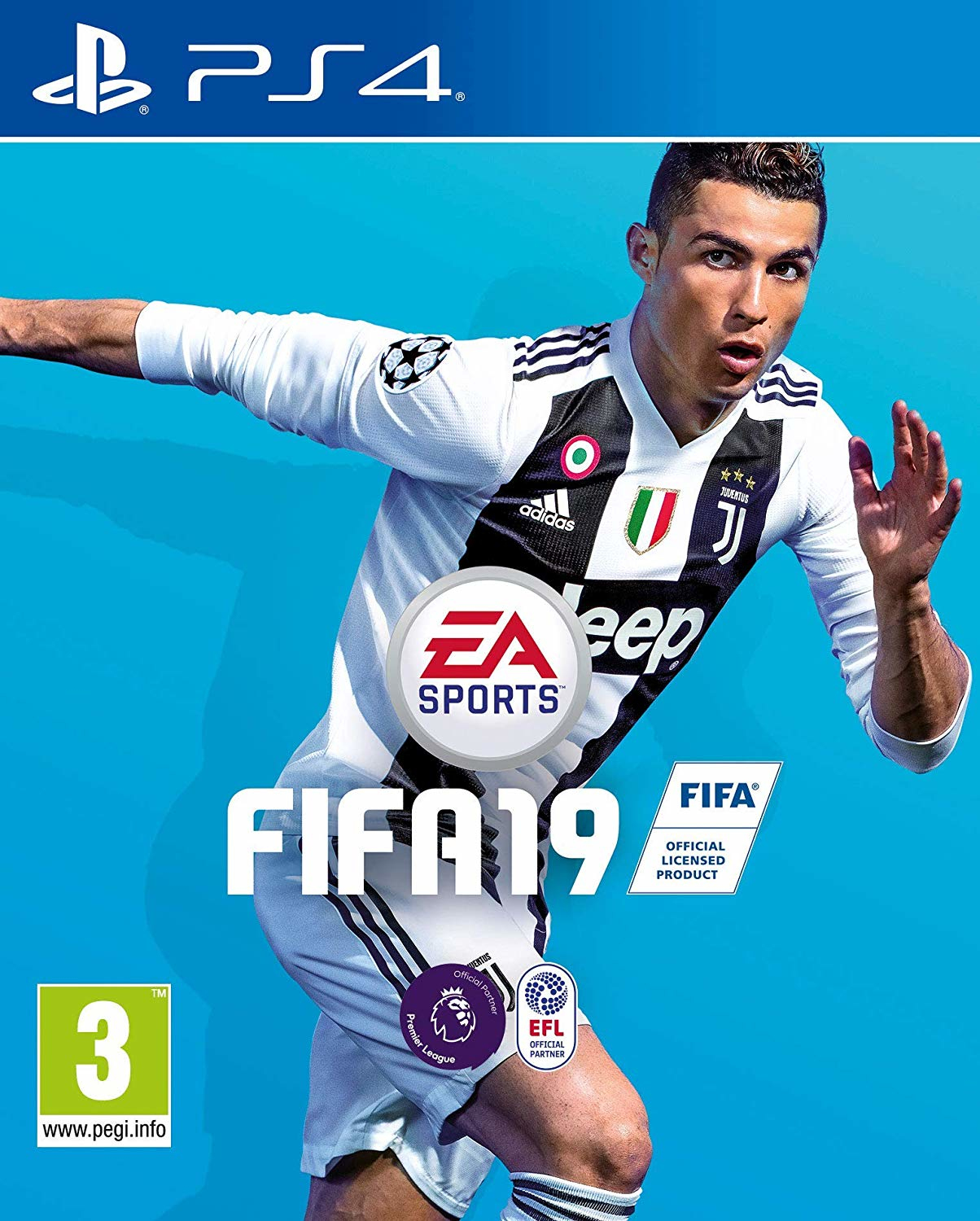 FIFA 19 Spielcover, mit Cristiano Ronaldo, PS4-Logo und Spieldetails.