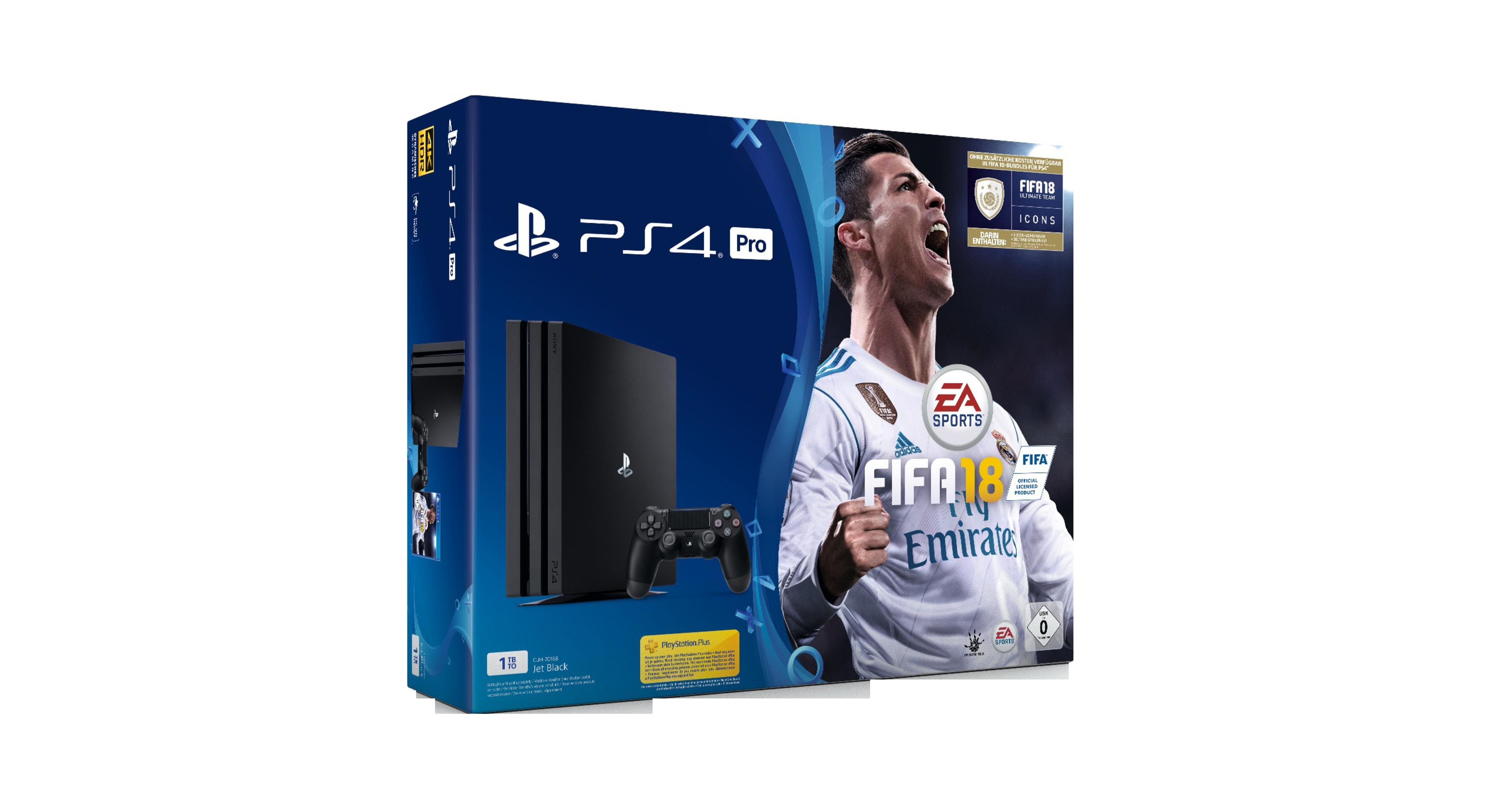 PS4 Pro-Spielkonsolenbox mit einem Bild von Cristiano Ronaldo und dem Spiel FIFA 18.