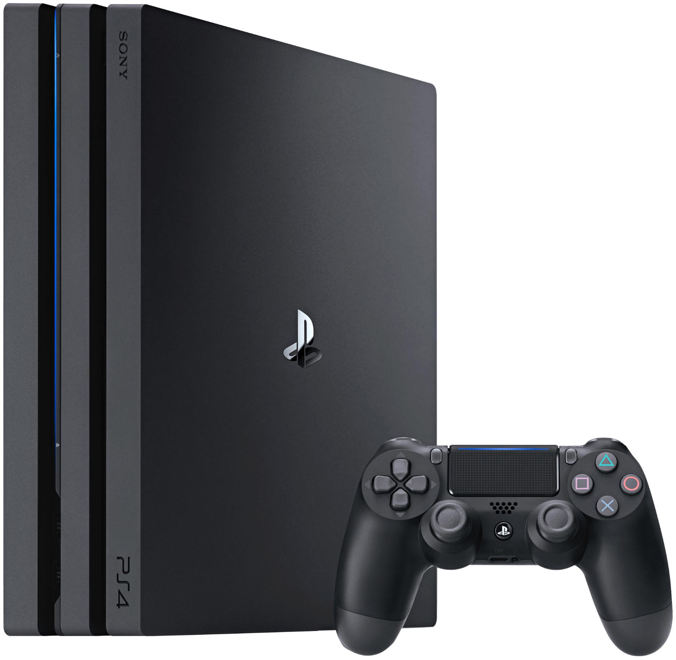 Schwarze Playstation 4 Pro Konsole und Controller auf weißem Hintergrund. Die Konsole ist hoch und dunkel.