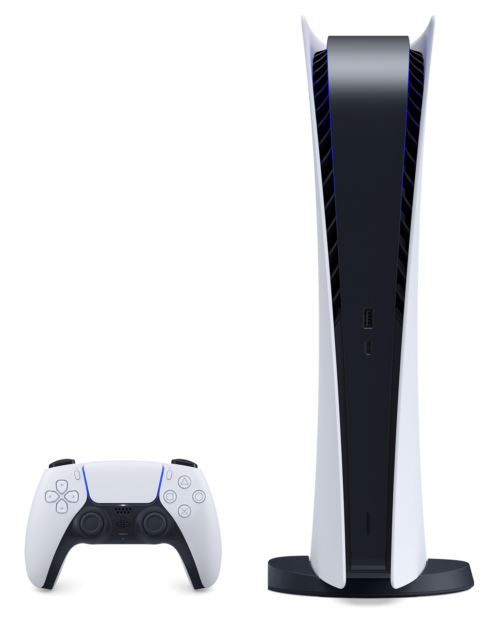 PlayStation 5 Konsole und Controller. Die Konsole ist weiß und schwarz. Der Controller ist weiß.