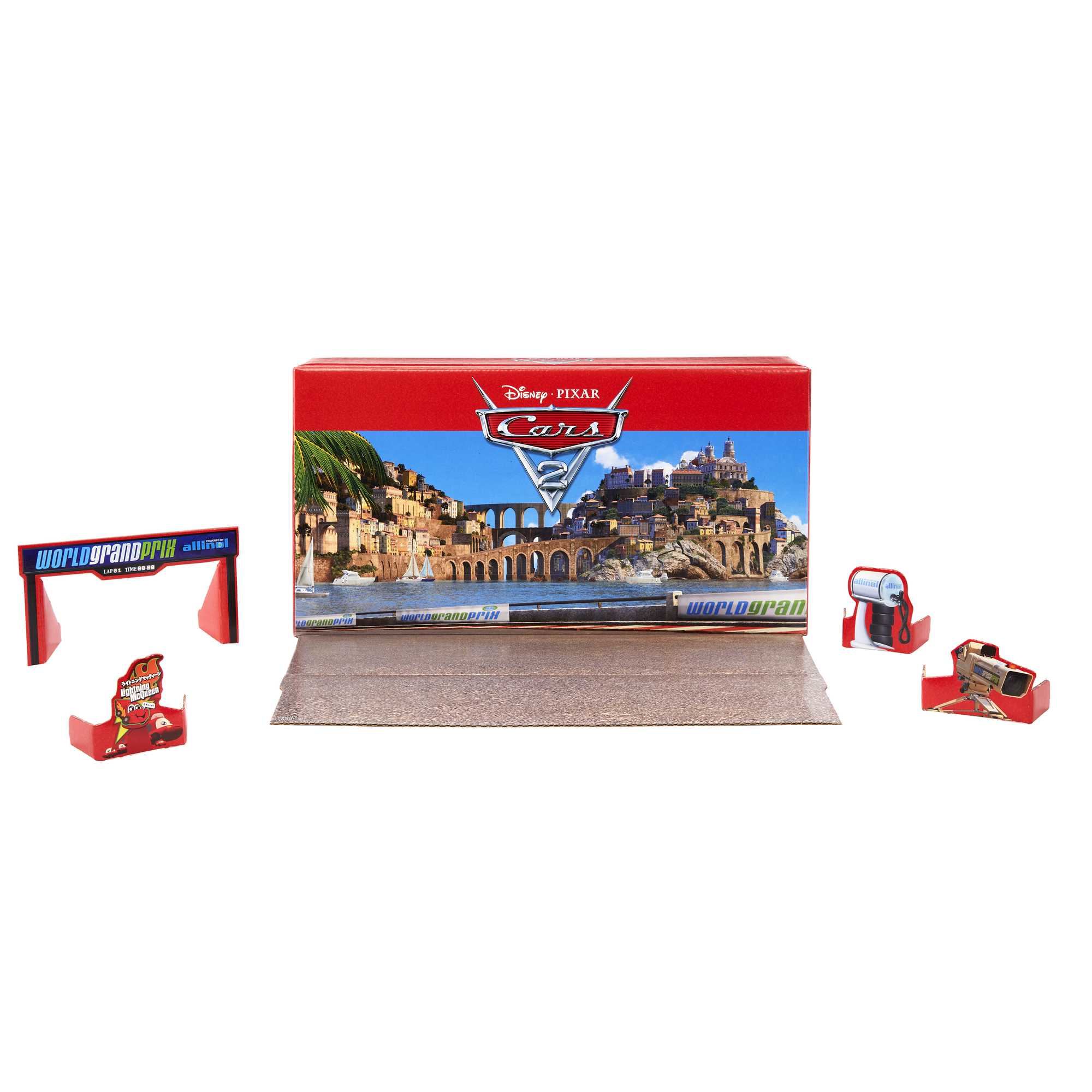 Cars 2 Spielset, mit Rennstrecke und Autos, auf einer weißen Oberfläche.